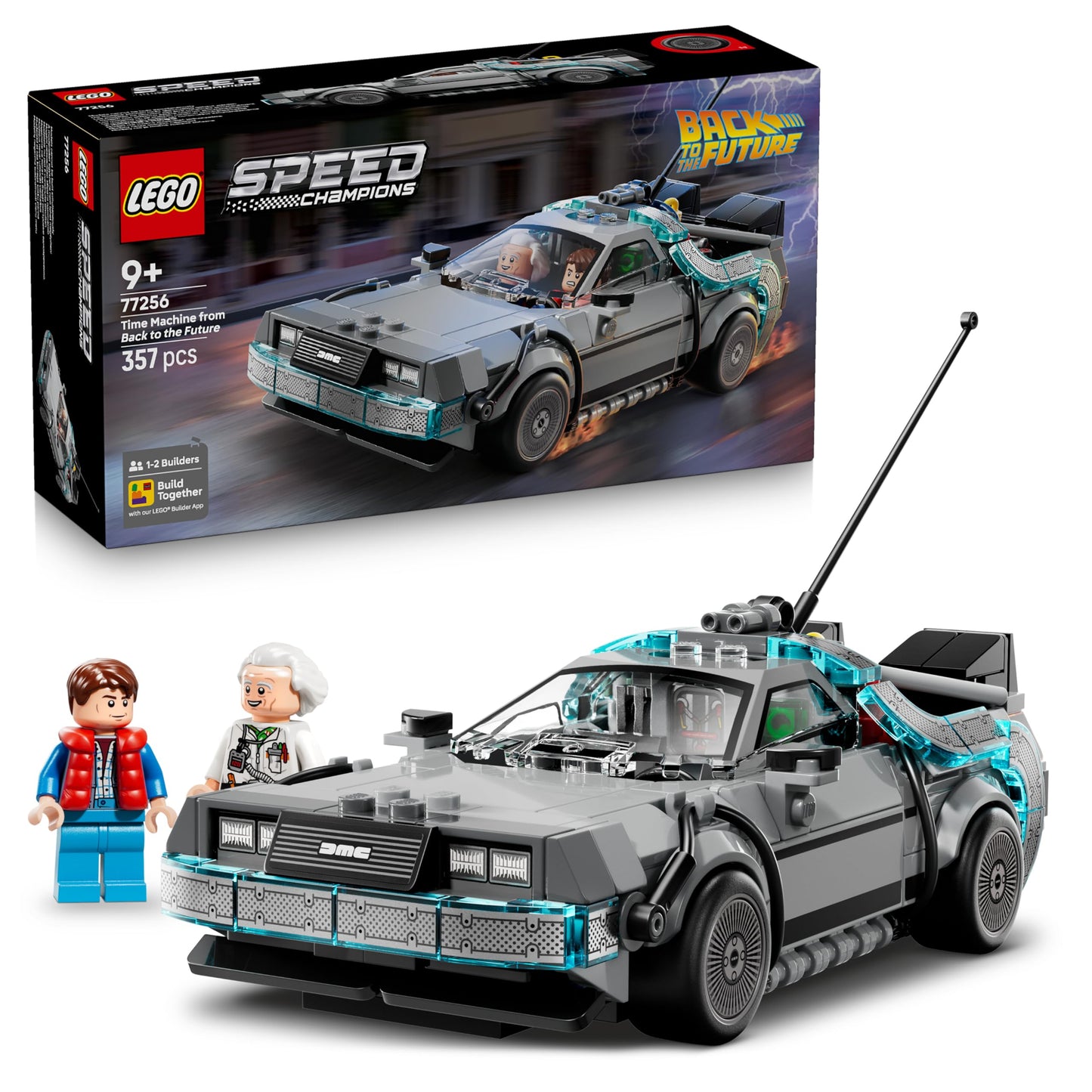 LEGO Speed Champions „Atgal į ateitį“ laiko mašina, konstravimo rinkinys vaikams, automobilių modelis ir 2 minifigūrėlės, Marty McFly ir Doc Brown, kūrybiška dovana vaikams nuo 9 metų, 77256