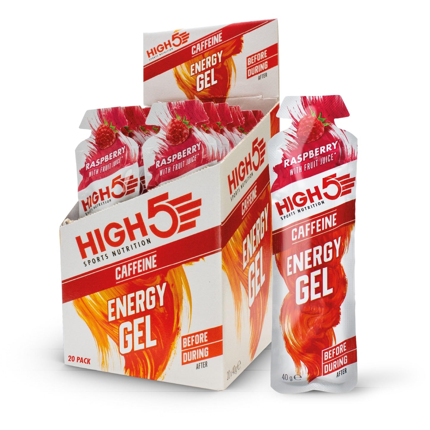HIGH5 kofeīna enerģijas želeja skriešanai un izturības sportam ar aveņu garšu, 20 x 40g