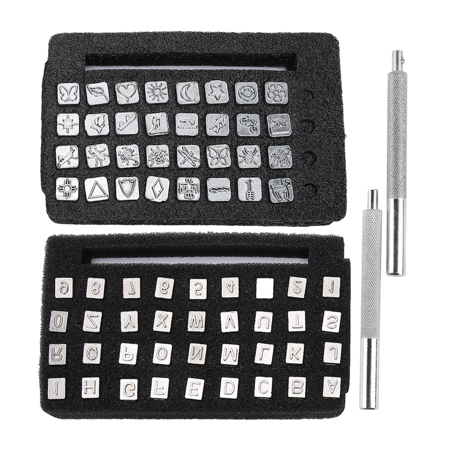 Lādas alfabēta spiedogu komplekts, 68 daļas, amatniecībai, drukai, grebšanas instrumentu komplekts, 6 mm, caurums, ar 2 rokturiem ādas amatniecībai