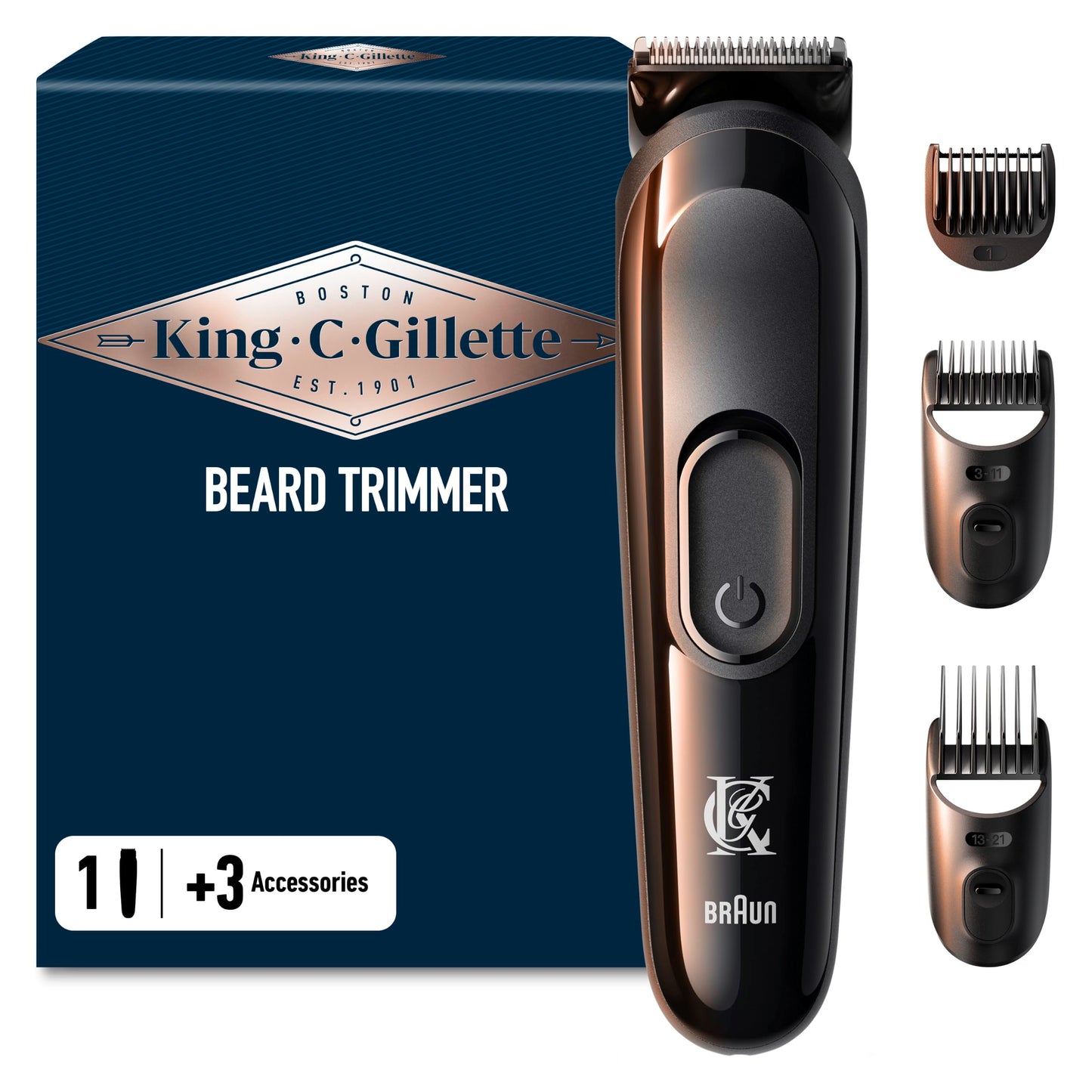 Bārdas trimmeris King C. Gillette elektriskais vīriešiem, bezvadu, ar īpaši asiem mūža asmeņiem, mazgājamu skuvekļa galviņu un 3 ķemmītes uzgaļiem 3 dienu, īsai un garai bārdai