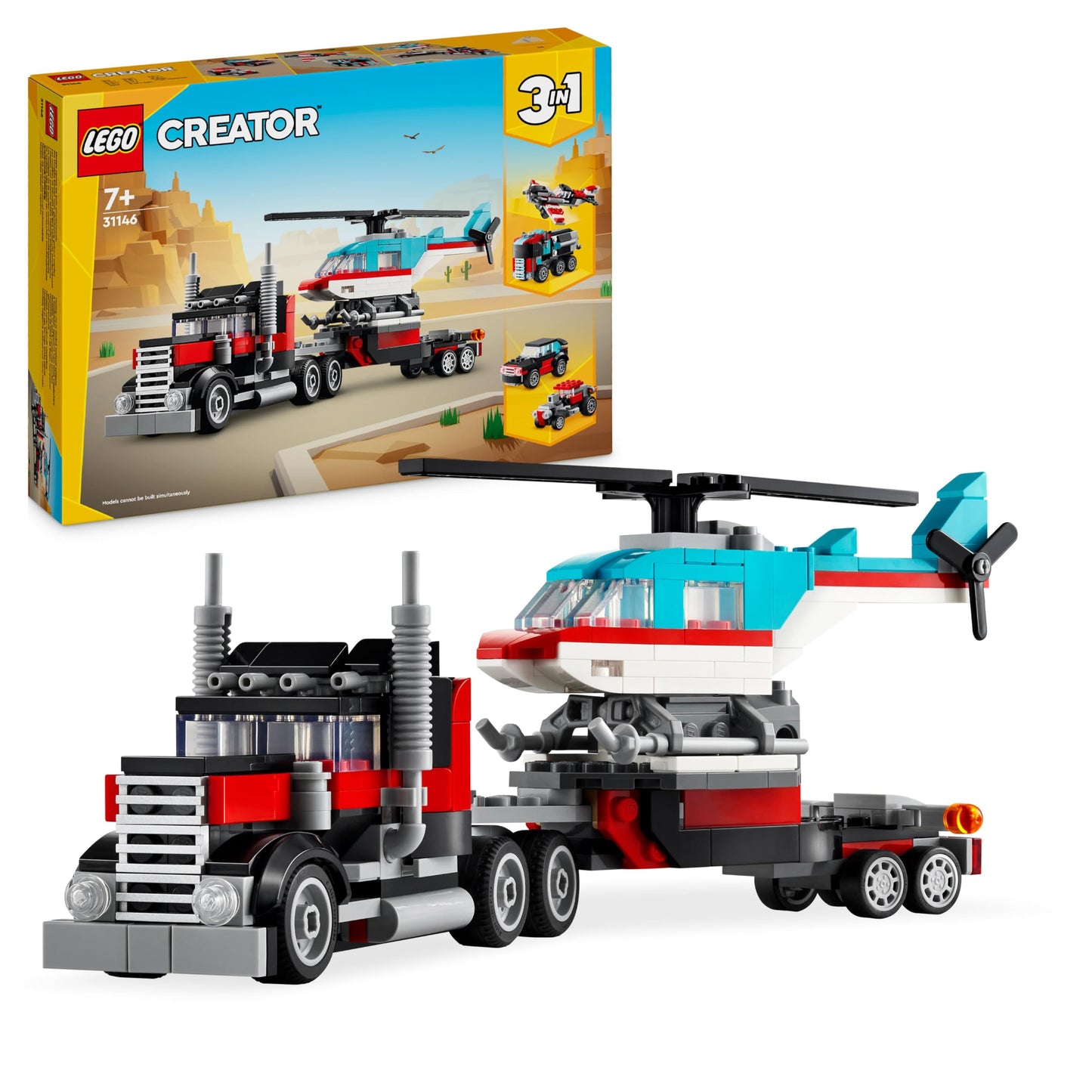 LEGO Creator 3in1 platformas kravas auto ar helikopteru, rotaļlietu propellerlidmašīnu un degvielas kravas auto, hot rod, SUV automašīna bērniem no 7 gadiem, dāvana 31146