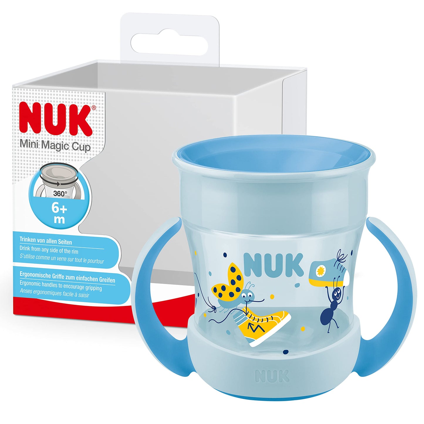 Zīdaiņu krūzīte NUK Mini Magic Cup ar 360° dzeršanas maliņu, neizlīst, no 6 mēnešiem, ar ērtām rokturiem, 160 ml, zilā mārīte