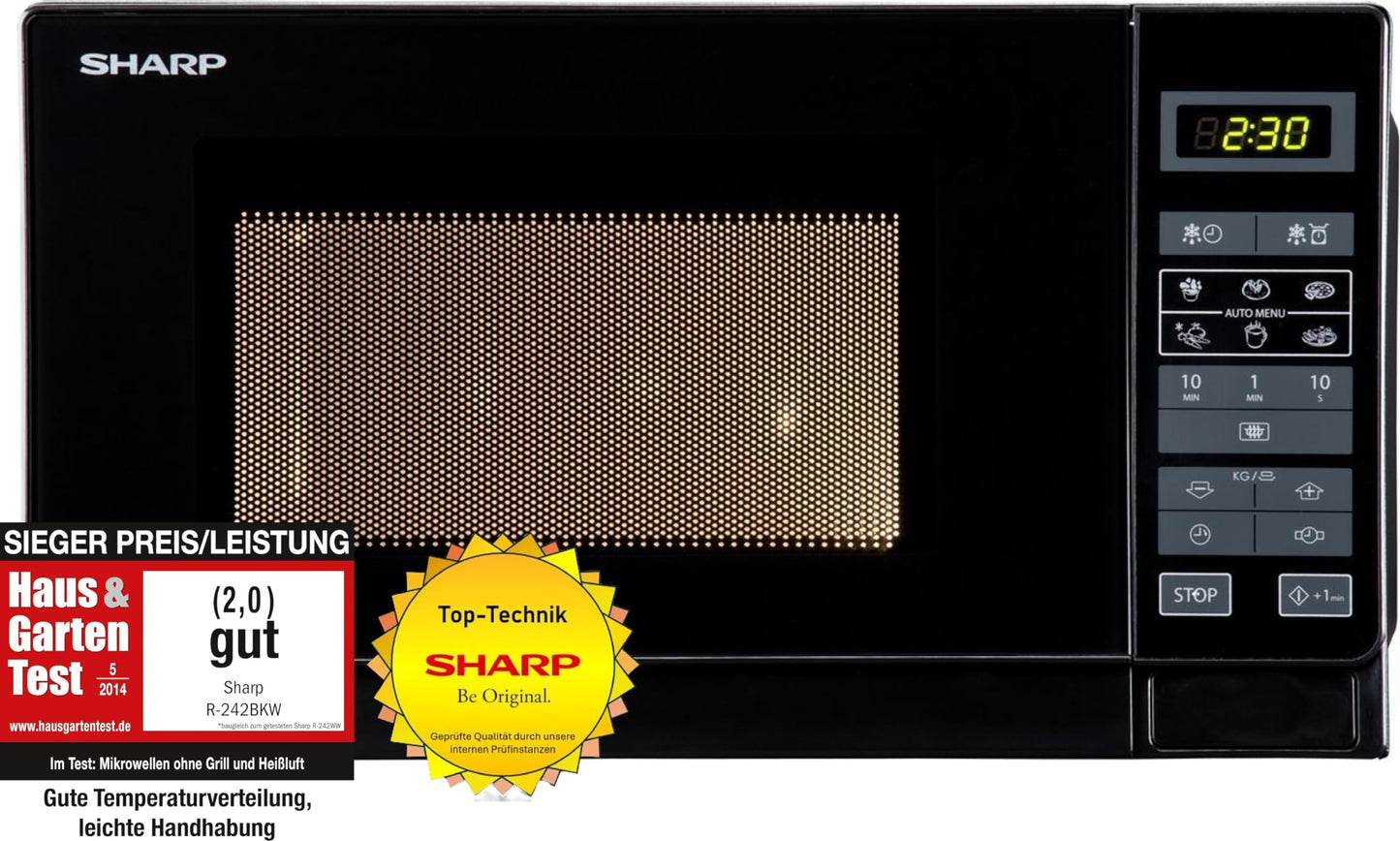 Sharp R242BKW Solo mikroviļņu krāsns / 20 L / 800 W / 5 jaudas līmeņi / 8 automātiskās programmas / svara un laika vadīta atkausēšana / bērnu drošības funkcija / enerģijas taupīšanas režīms / stikla griešanas plāksne (25,5 cm) / melns