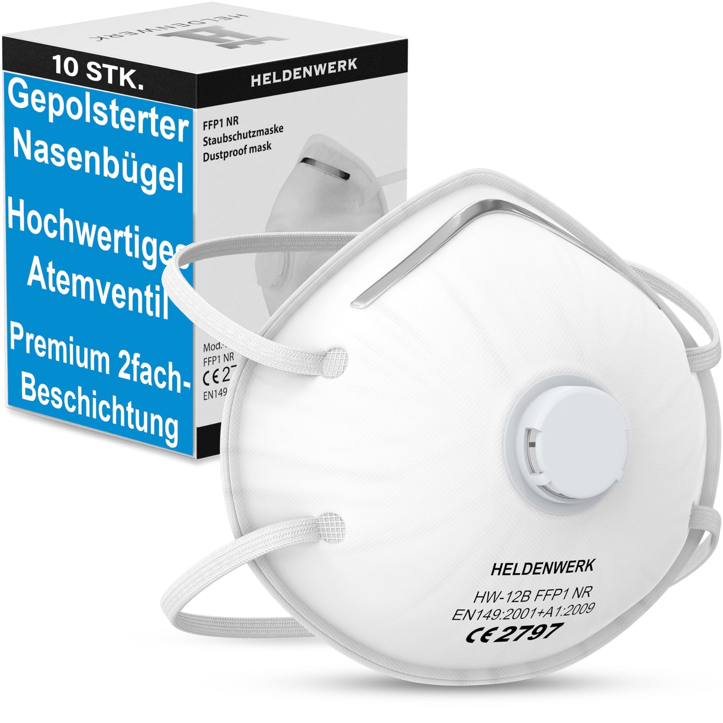 HELDENWERK® Premium elpošanas aizsargmaska FFP1 5, 10 vai 20 gab. komplektā