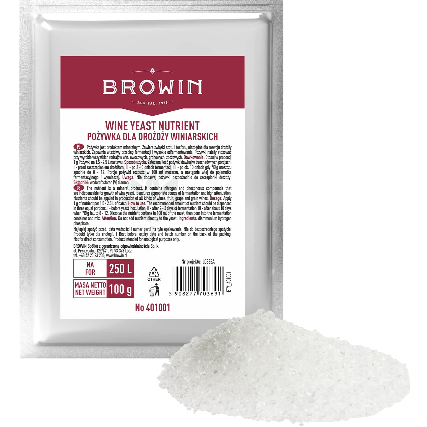 Browin 401001 rauga barības viela, barības viela vīna raugam, barības viela vīnam, minerāla barības viela 100g