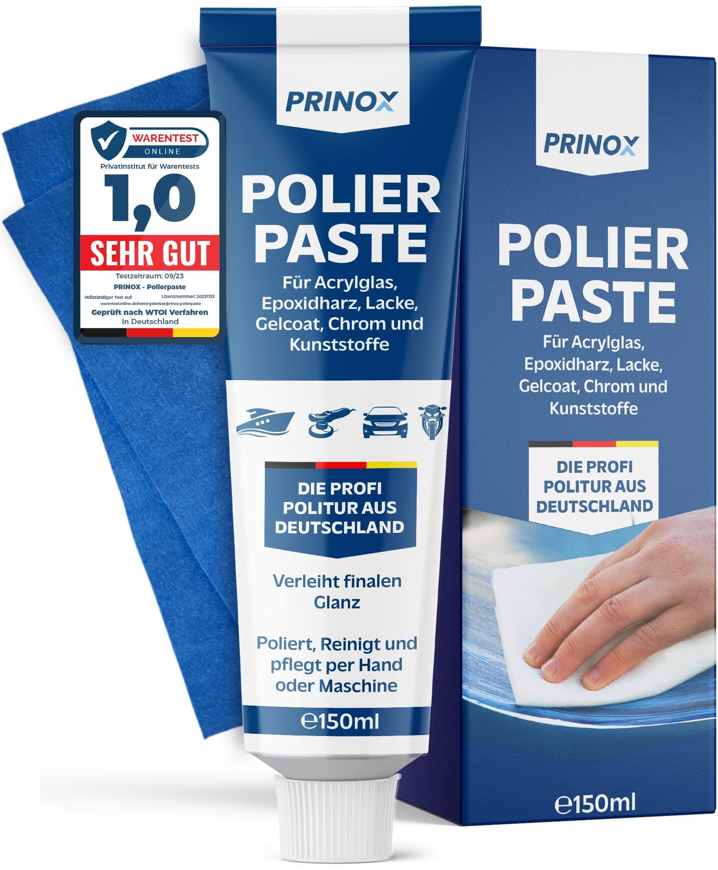 PRINOX 150ml pulēšanas pasta ar profesionālu pulēšanas drānu, pulēšanas līdzeklis akrila stiklam, epoksīdam, lakām, gelcoat, GFK, hromam un plastmasai, noņem matējumu un mikro skrāpējumus