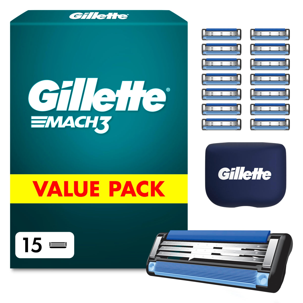 Gillette Mach 3 vīriešu skuvekļa asmeņi, 15 oriģinālās kasetnes, zili