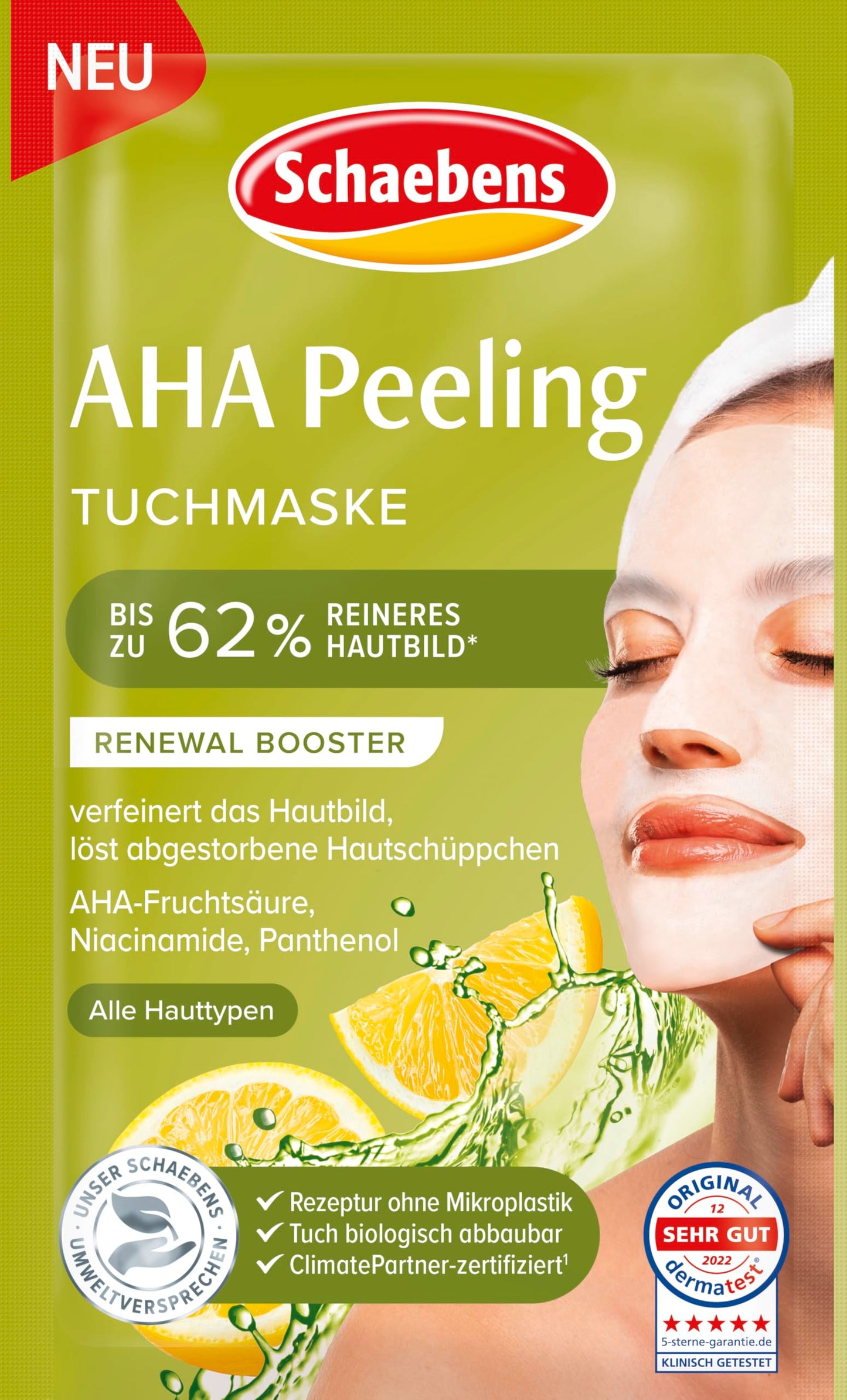 Schaebens AHA pīlinga auduma maska RENEWAL BOOSTER, uzlabo ādas toni, noloba atmirušās ādas šūnas ar AHA augļskābi, niacinamīdu un pantenolu visiem ādas tipiem