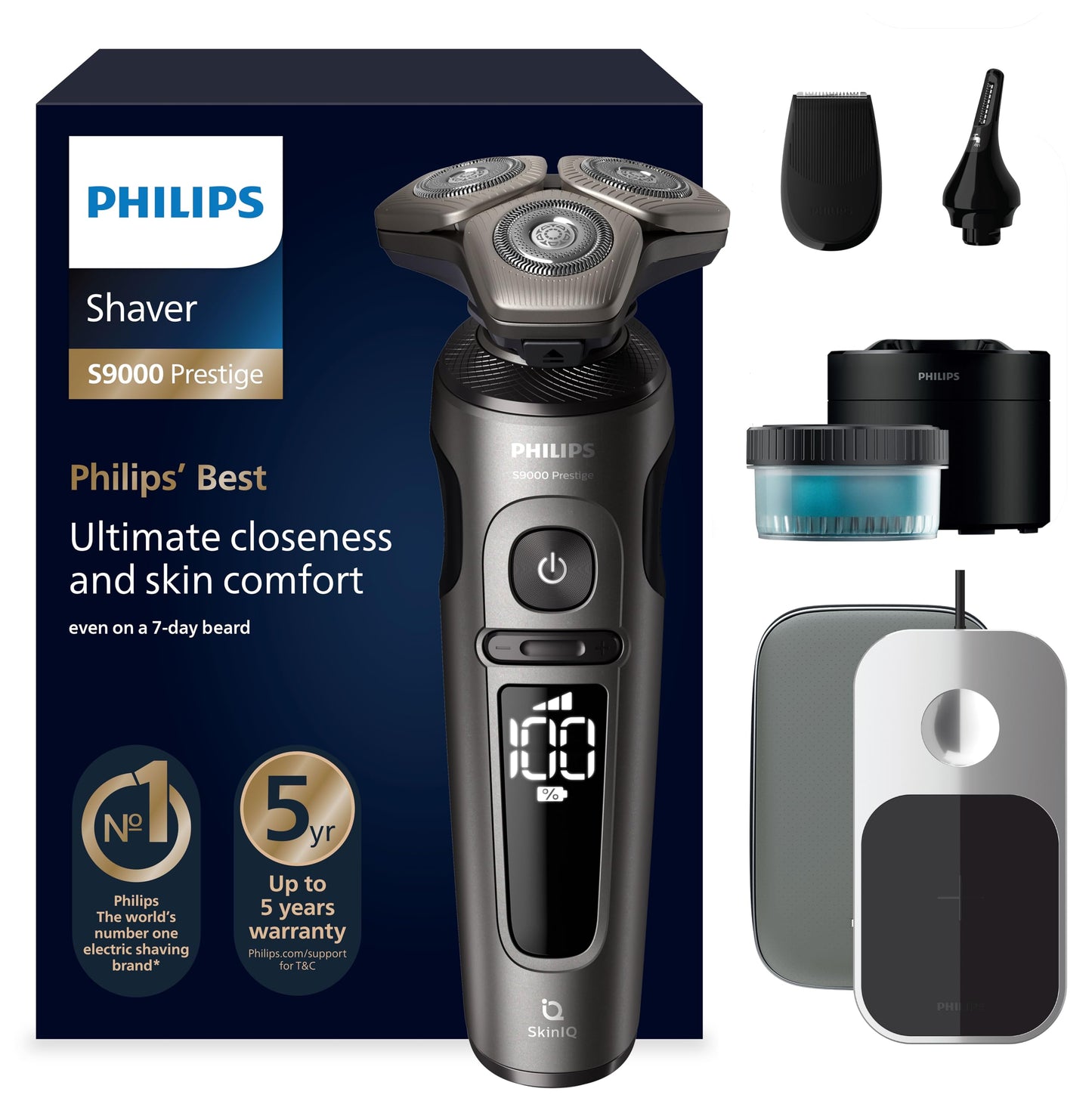 PHILIPS S9000 Prestige skuveklis, elektriskais mitrās un sausās skūšanās skuveklis, zelta, SkinIQ tehnoloģija, ceļojumu soma, Qi uzlādes paliktnis, precizitātes trimmeris, deguna matu trimmeris un tīrīšanas stacija, modelis SP9882/36