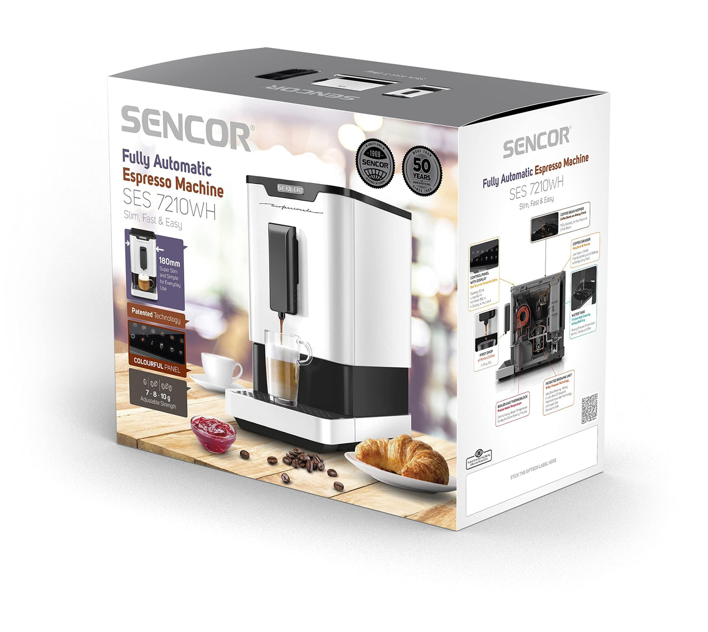 SENCOR SES 7210WH - Automātiskā espresso kafijas automāts ar kafijas pupiņu dzirnaviņām un regulējamu stiprumu.