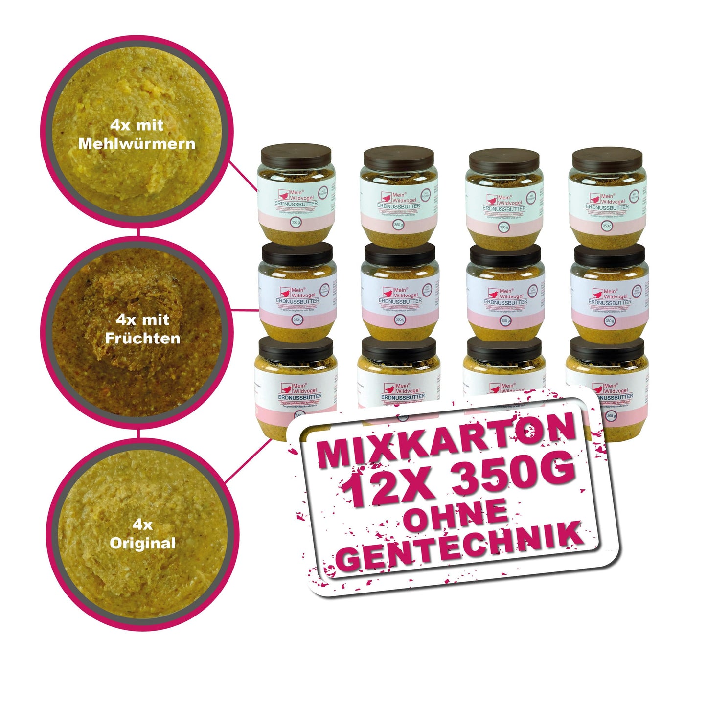 Zemesriekstu sviesta barība savvaļas putniem MeinWildvogel 12x 350g, barojošs tauku maisījums ar saulespuķu sēklām, bez ĢMO