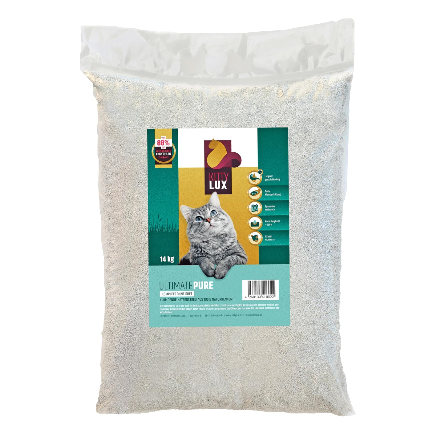 Salipinoši kaķu pakaiši KittyLux Ultimate Pure 2x14kg bez smaržvielām jutīgiem kaķiem, 100% dabīgais bentonīts, īpaši maz putekļu