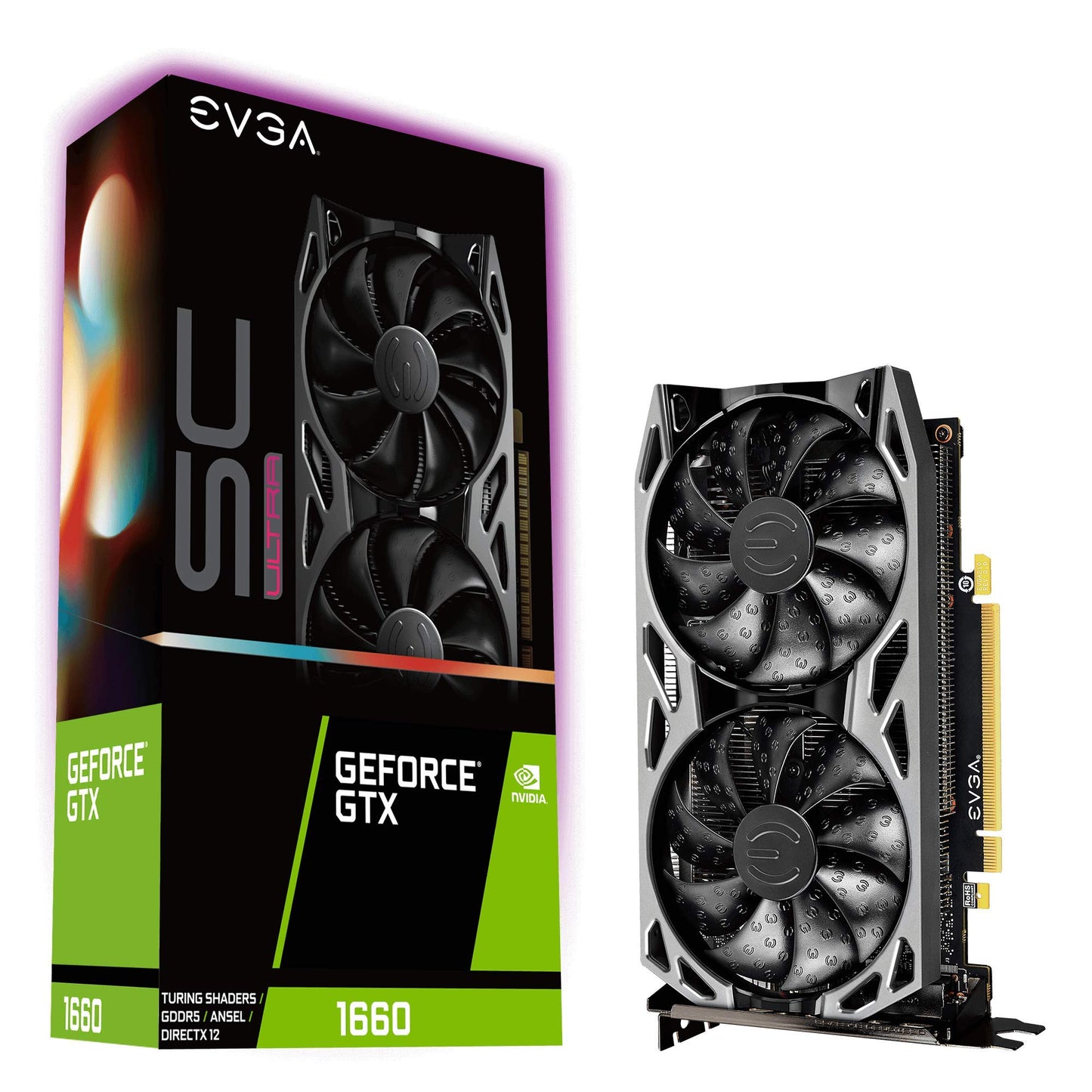 EVGA GeForce GTX 1660 SC Ultra Gaming - 6GB GDDR5, dual fans, high-performance graphics card for gaming.