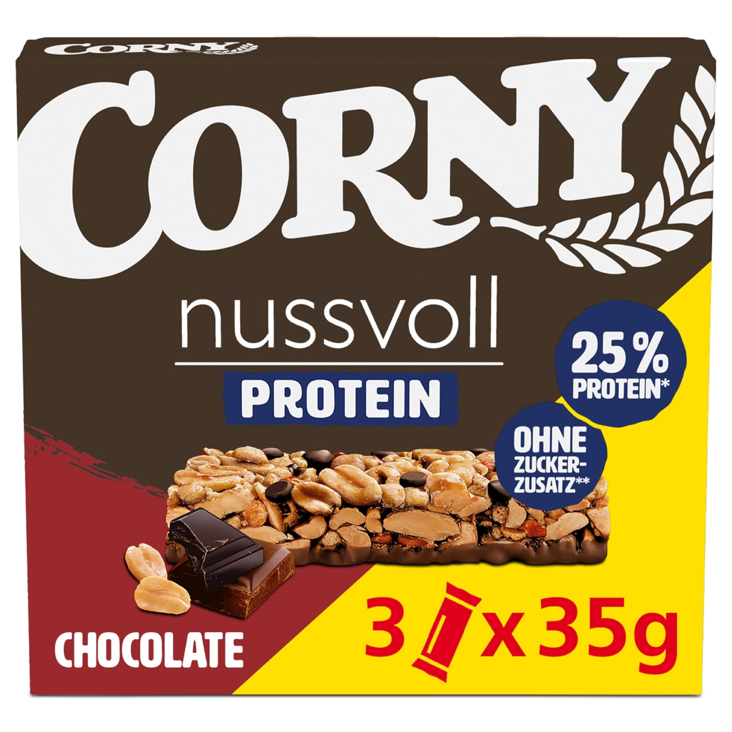 Riekstu un proteīna batoniņš Corny Nussvoll & Protein Chocolate, 25% proteīna, 3 x 35 g
