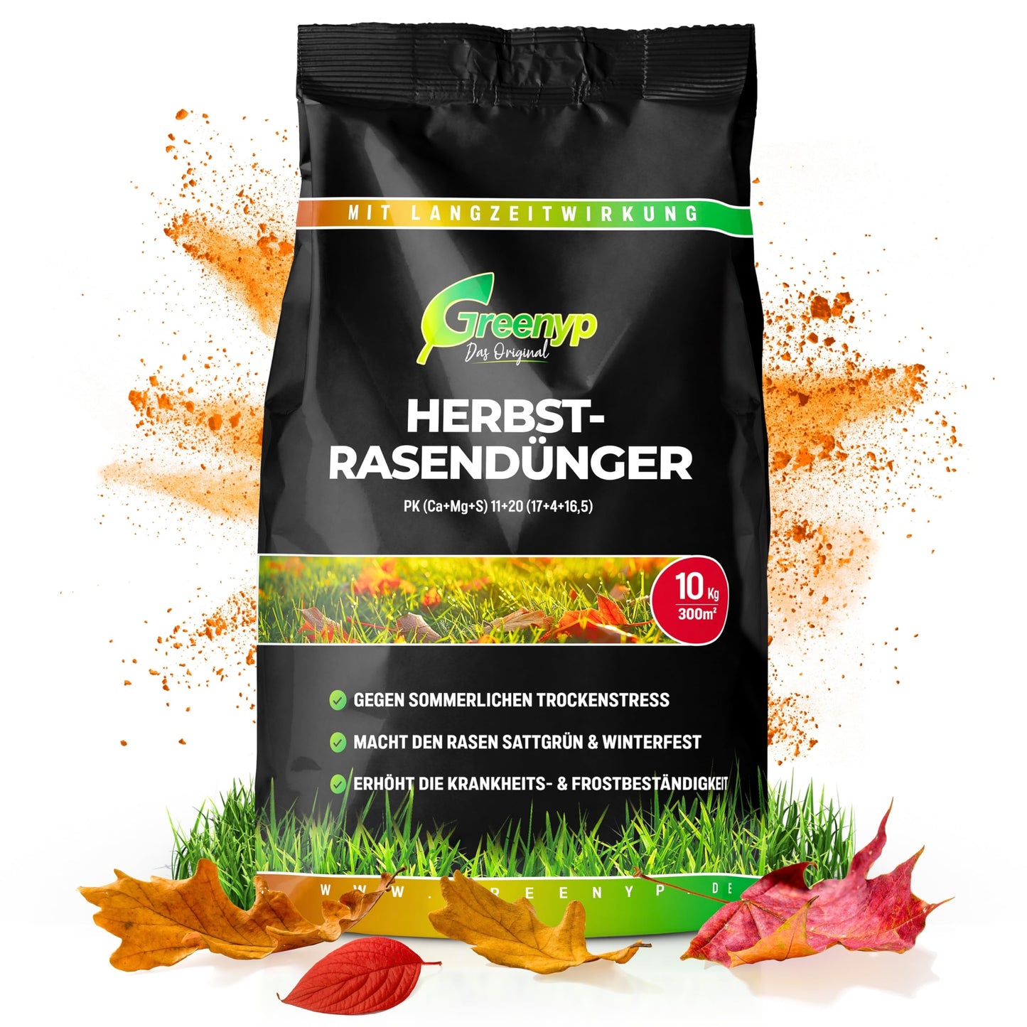 Rudens zāliena mēslojums Greenyp Herbstrasendünger Langzeit 10kg / 300m², 90 dienu ilgstoša iedarbība, ar papildu kāliju, ziemcietīgam un tumši zaļam zālienam