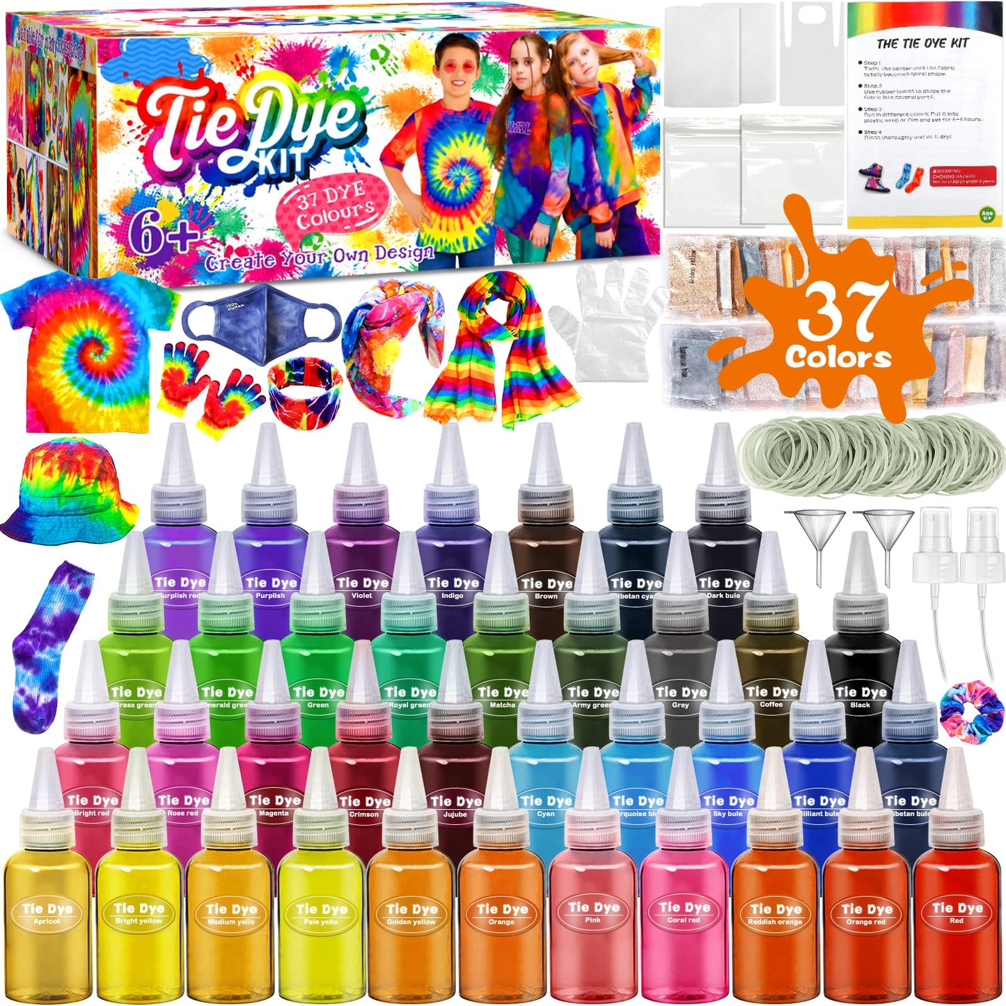 ZLPBAO batik krāsu komplekts bērniem, 37 krāsu tie dye komplekts apģērbam, spēlēm un aktivitātēm, viss vienā radošais batikošanas komplekts