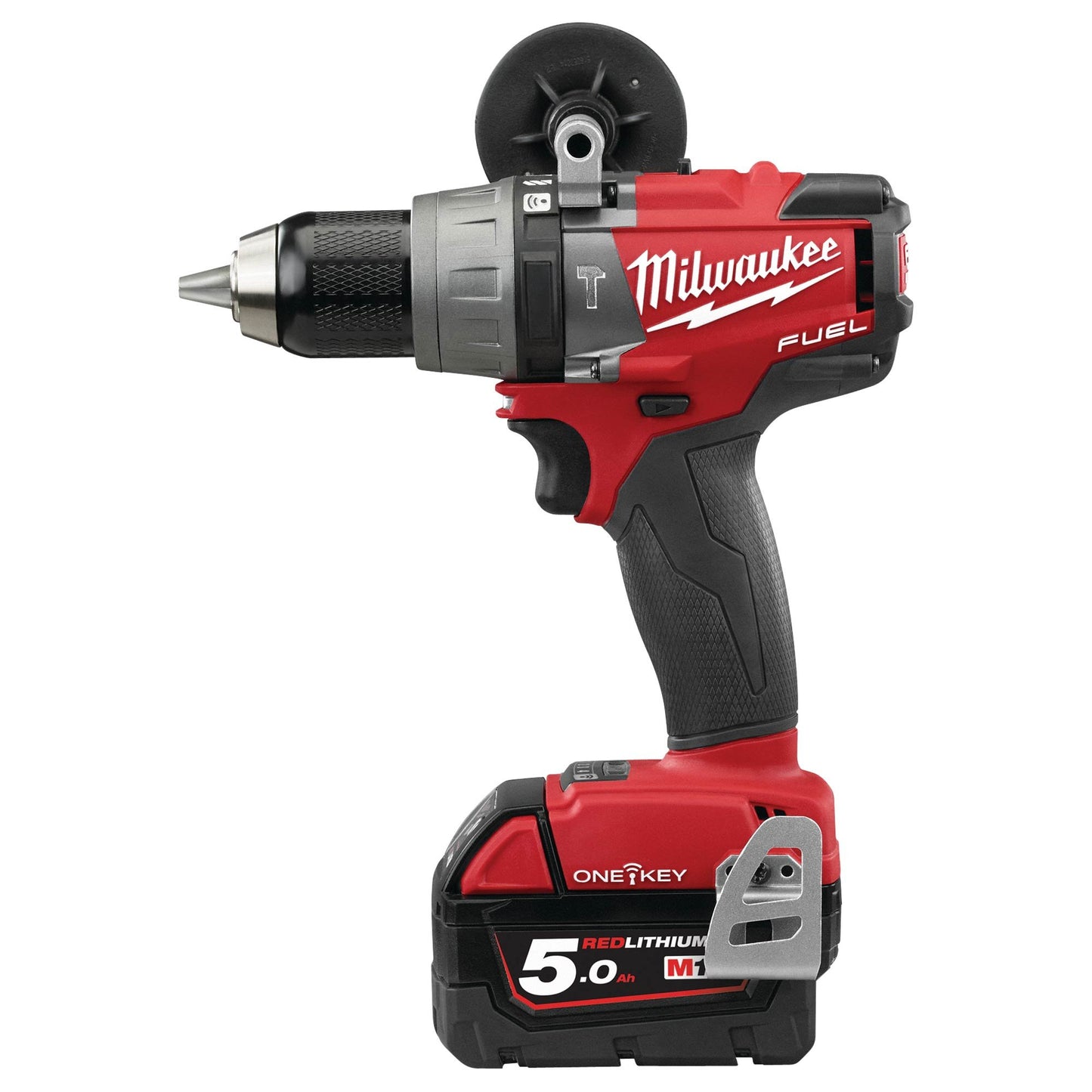 Milwaukee M18 FPD2-502X-Thammer - 18V cordless hammer drill, black and red, with 5Ah lithium-ion battery for drilling and screwing.