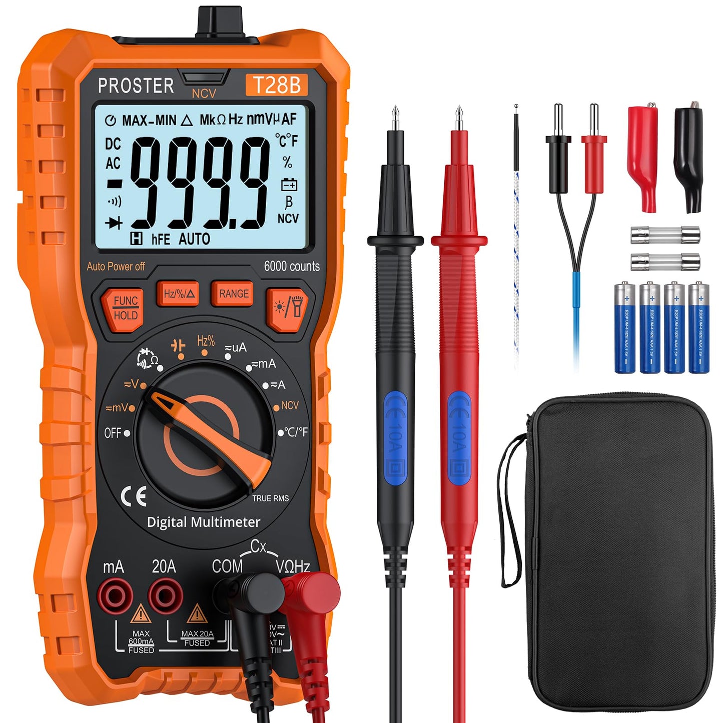 Digitālais multimetrs Proster 6000 skaitījumi TRMS Auto Range NCV detektors DC/AC sprieguma un strāvas mērītājs temperatūras, kapacitātes, pretestības, diodes un nepārtrauktības tests (sarkans)