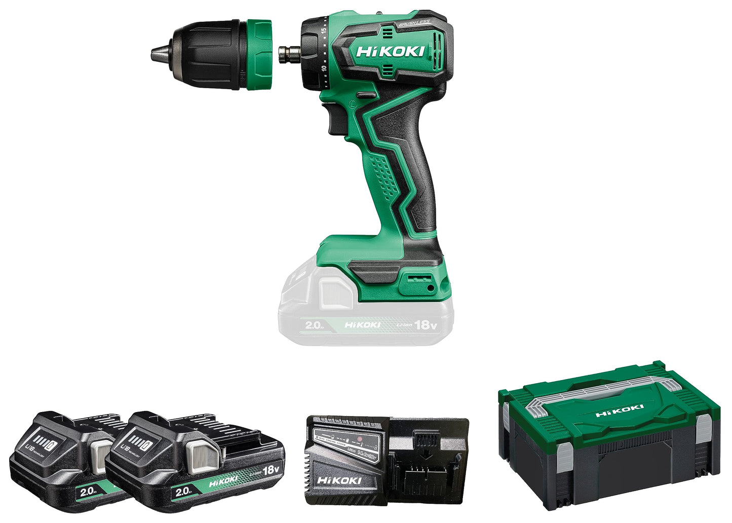 HIKOKI akumulatora urbjmašīna Quick DS18DDQ - 18V, 2x2,0 Ah, 55 Nm griezes moments, 0-1700 min-1, 1,5-13 mm urbja patrona