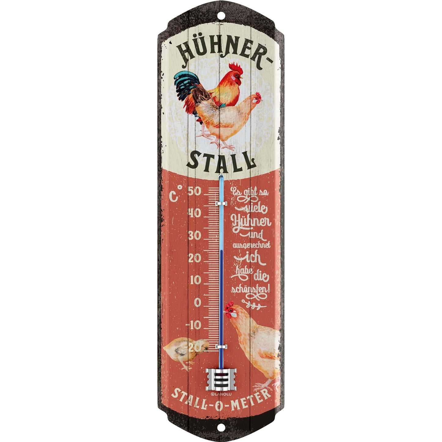 LANOLU retro metāla zīme HÜHNERSTALL THERMOMETER analog – vistu dekorācija kūtij, dārzam, vintage zīme – metāla tablo ar vistu – dāvana vistu mīļotājiem 8x28cm
