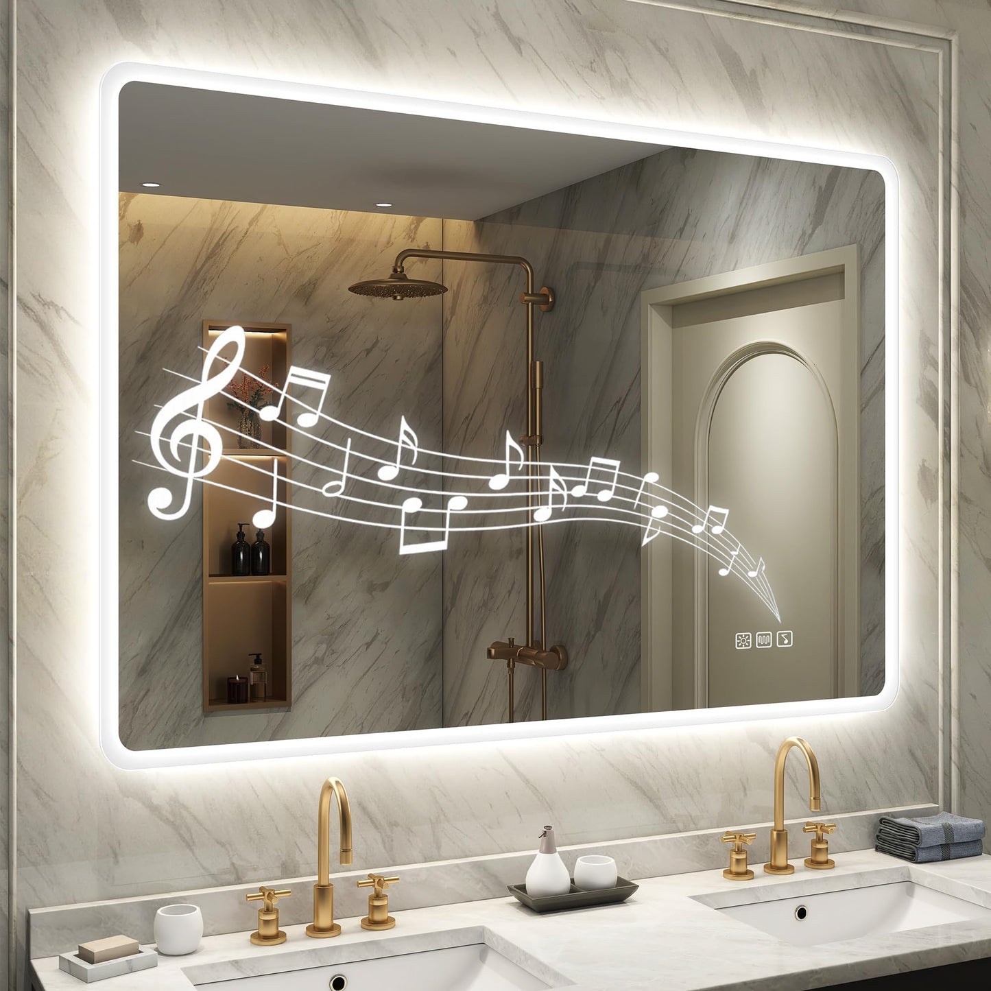 STARLEAD Bluetooth vannas spogulis ar apgaismojumu 100x70cm, vannas istabas spogulis ar pretaizsvīšanas funkciju, dimmējams, 3 gaismas krāsas, atmiņas funkcija, IP44 LED spogulis vannai, horizontāli/vertikāli, HD rūdīts stikls