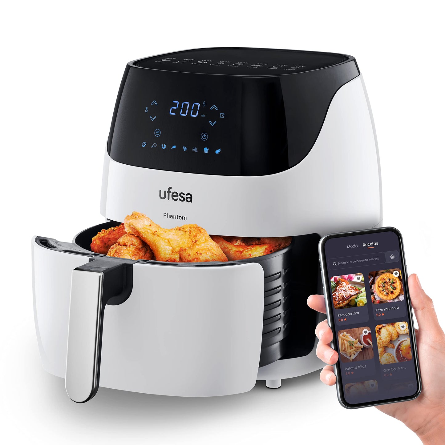 Ufesa AF5100 White Phantom - 5L hot air fryer with WLAN, digital touch control, 8 programs, 1500W, adjustable temp and time.