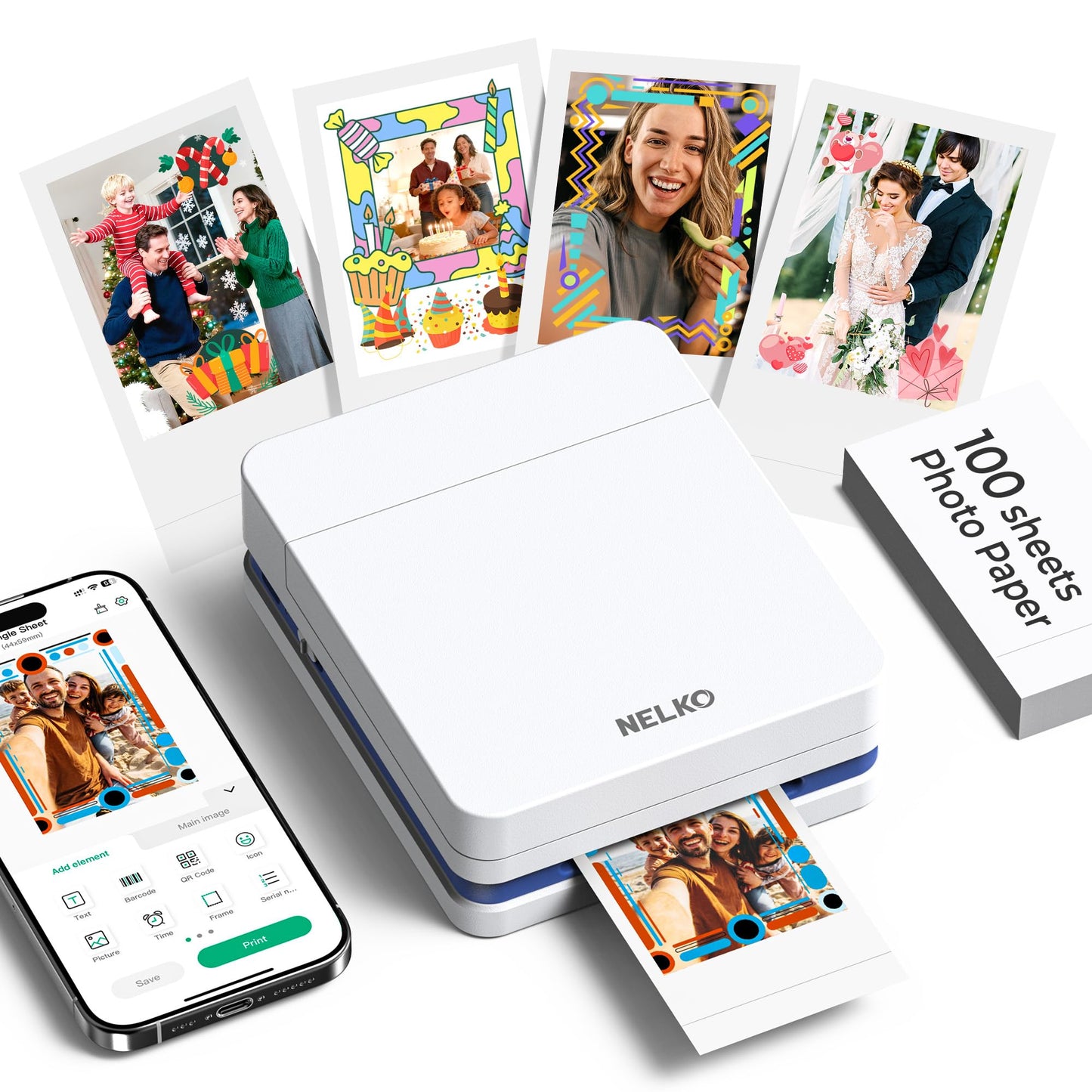 Nelko fotoprinteris viedtālrunim, PP01 mini foto printeris, 100 lapas, balts