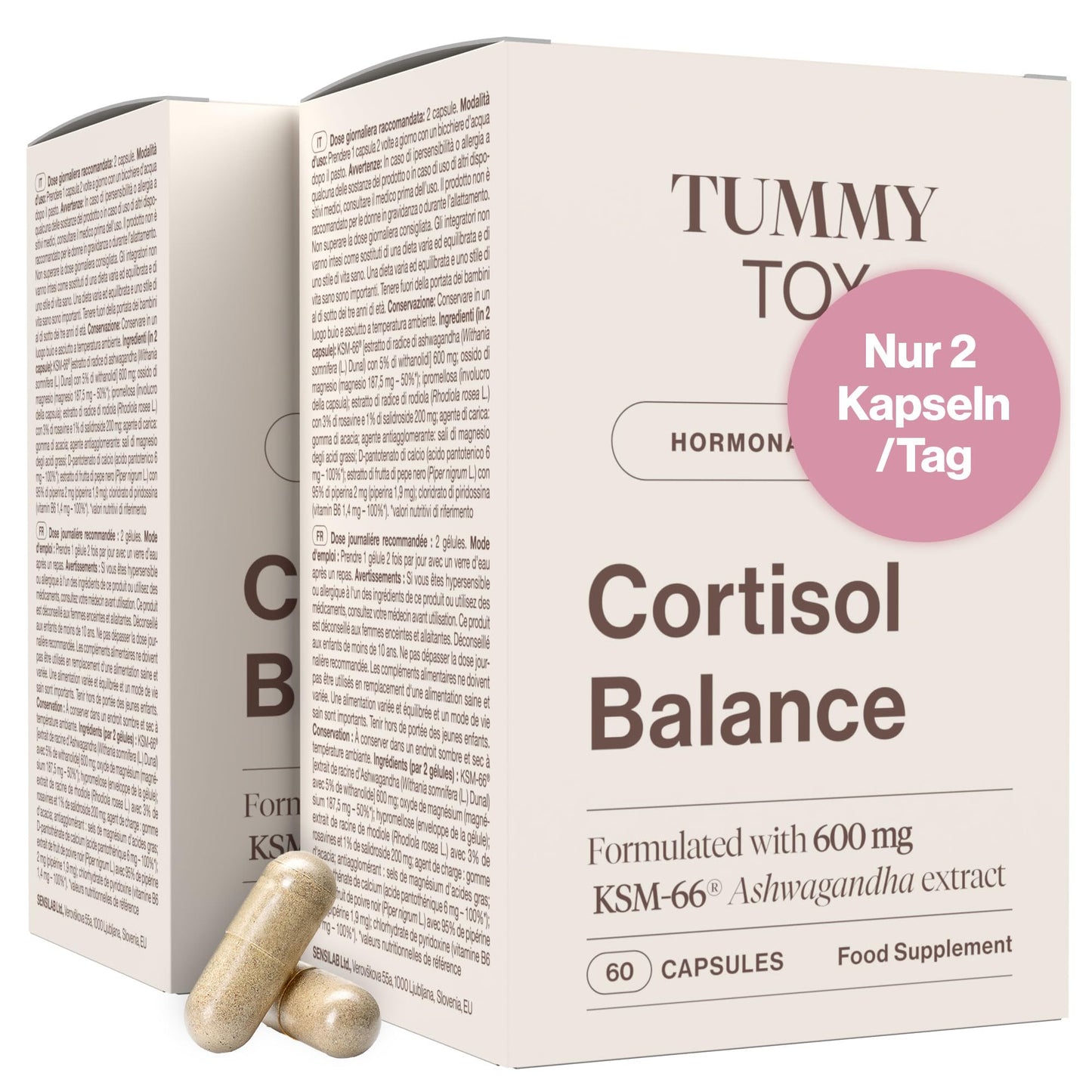 Ašvagandas kapsulas TummyTox Cortisol Balance 2x, 600 mg ašvagandas, rodiola un magnijs