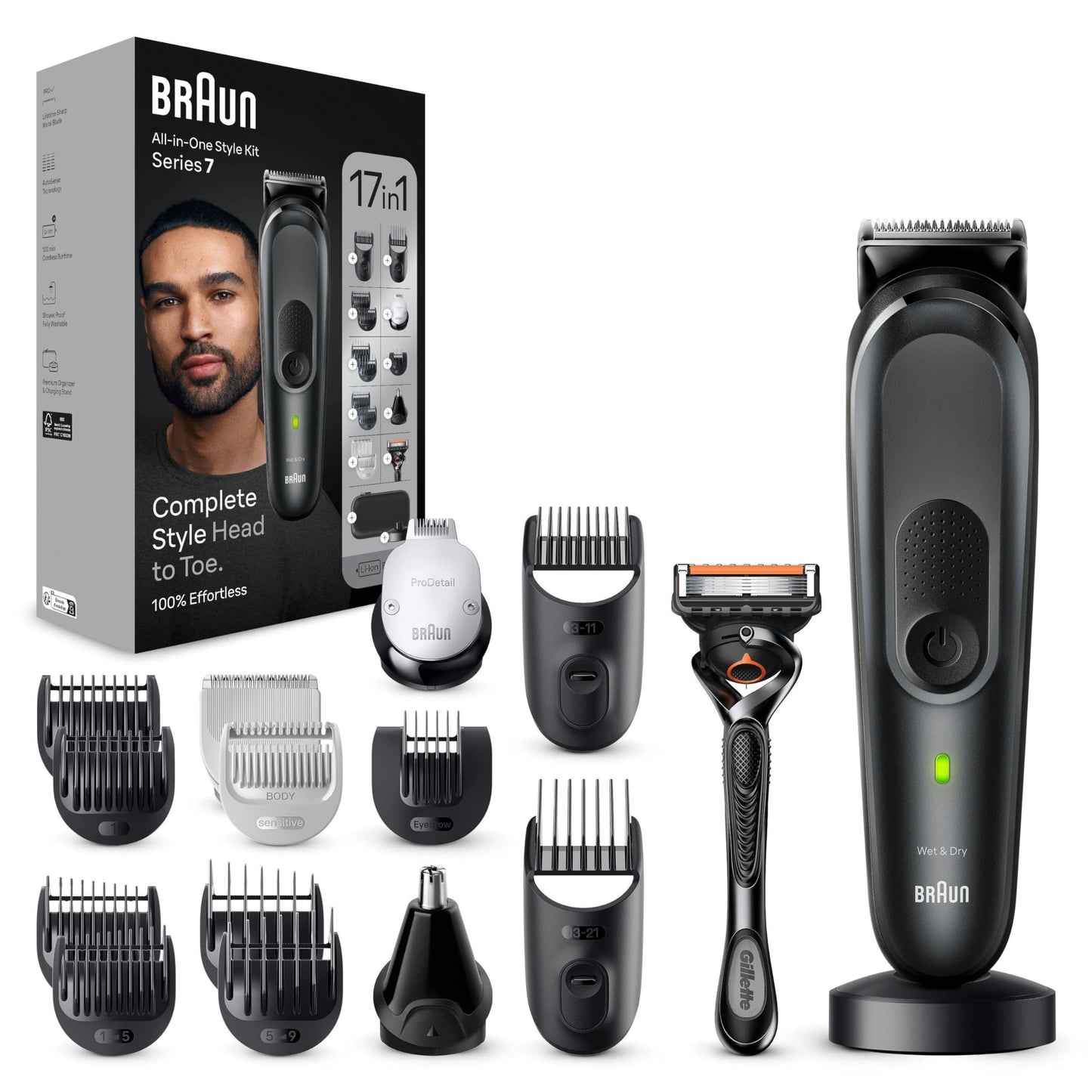 Bārdas trimmeris Braun All-In-One Trimmer-Set 7 MGK7491, 17-in-1 Multigroom, sejas, galvas un ķermeņa apmatojuma griezējs, 100 Min akumulators, 14 garumi (3–21 mm), ūdensizturīgs, melns