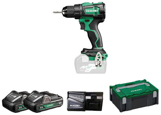 HiKOKI DS18DE - 18V cordless drill, 4.0Ah battery, 70Nm torque, brushless motor, 22 torque settings, LED, accessories included.