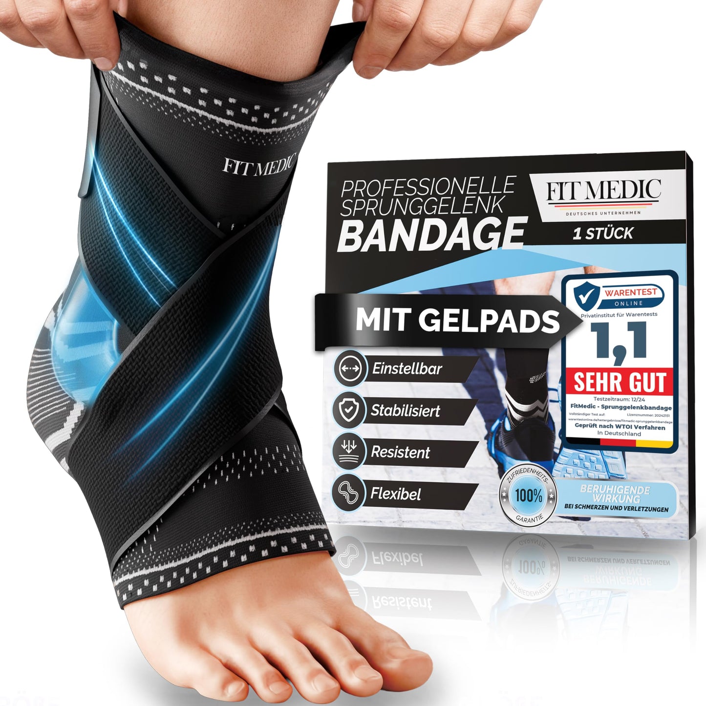 FIT MEDIC® premium potītes ortoze ar gela spilventiņu | medicīnisks pēdas atbalsts, stabilizējošs un regulējams | Unisex potītes bandāža sportam un ikdienai, Ahileja cīpslas un potītes aizsardzībai pret pārslodzi