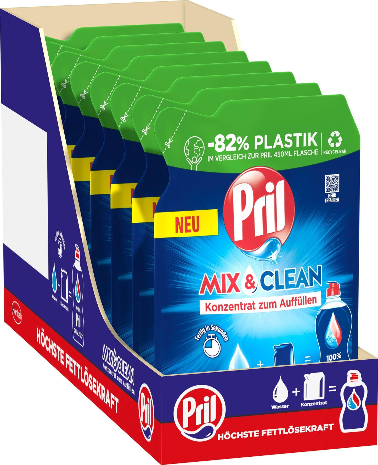 Trauku mazgāšanas līdzekļa koncentrāts PRIL Mix & Clean uzpildei (9 x 120 ml), roku trauku mazgāšanas līdzeklis ar maksimālu tauku šķīdināšanas spēku, tīriem traukiem arī aukstā ūdenī, 82% mazāk plastmasas