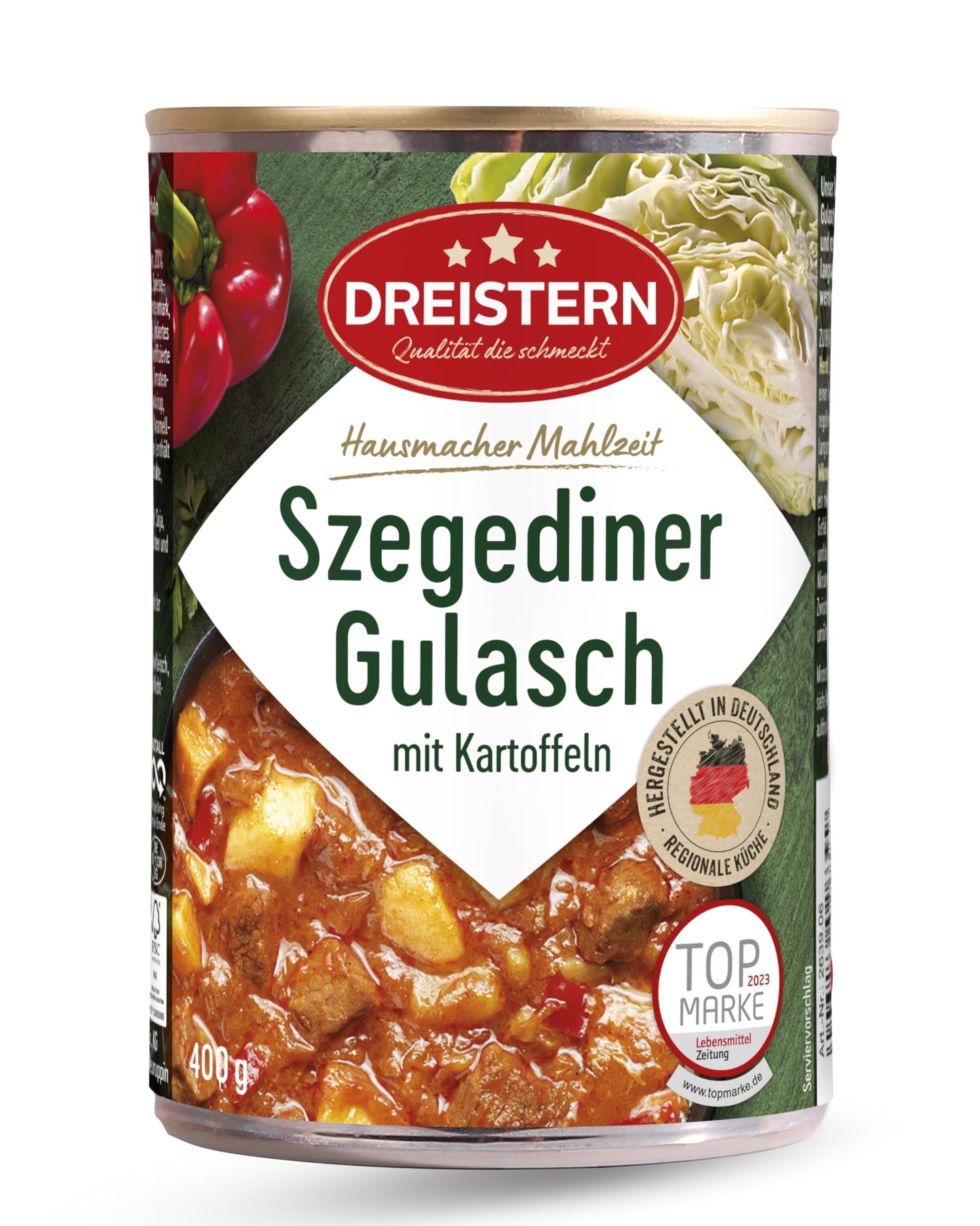 DREISTERN Sēgedinas gulašs 400g ar kartupeļiem un skābētiem kāpostiem, sātīgs gatavais ēdiens konservu kārbā, ilgs derīguma termiņš, mājās gatavota kvalitāte
