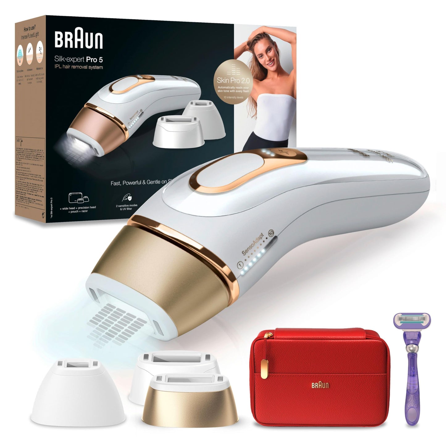 IPL epilators Braun Silk Expert Pro 5 sievietēm/vīriešiem, 3 uzgaļi, redzama matu noņemšana, Designed In Germany, Venus skuveklis, alternatīva lāzera epilācijai, PL5267, balts/zelta