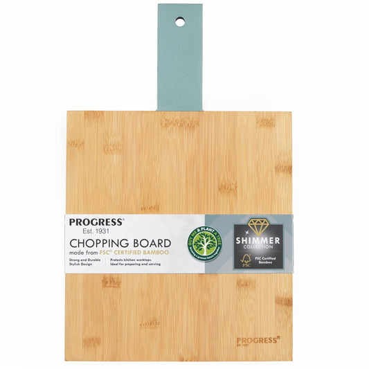 Progress BW09828GEU7 Shimmer 39cm Bamboo Cutting Board - Airu shape, FSC-certified, ideal for bread, meat, and serving.