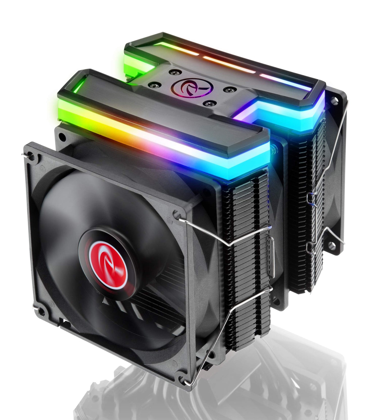 Raijintek Delos RBW - RGB CPU cooler with three 92mm PWM fans, compatible with Intel and AMD sockets, black design.