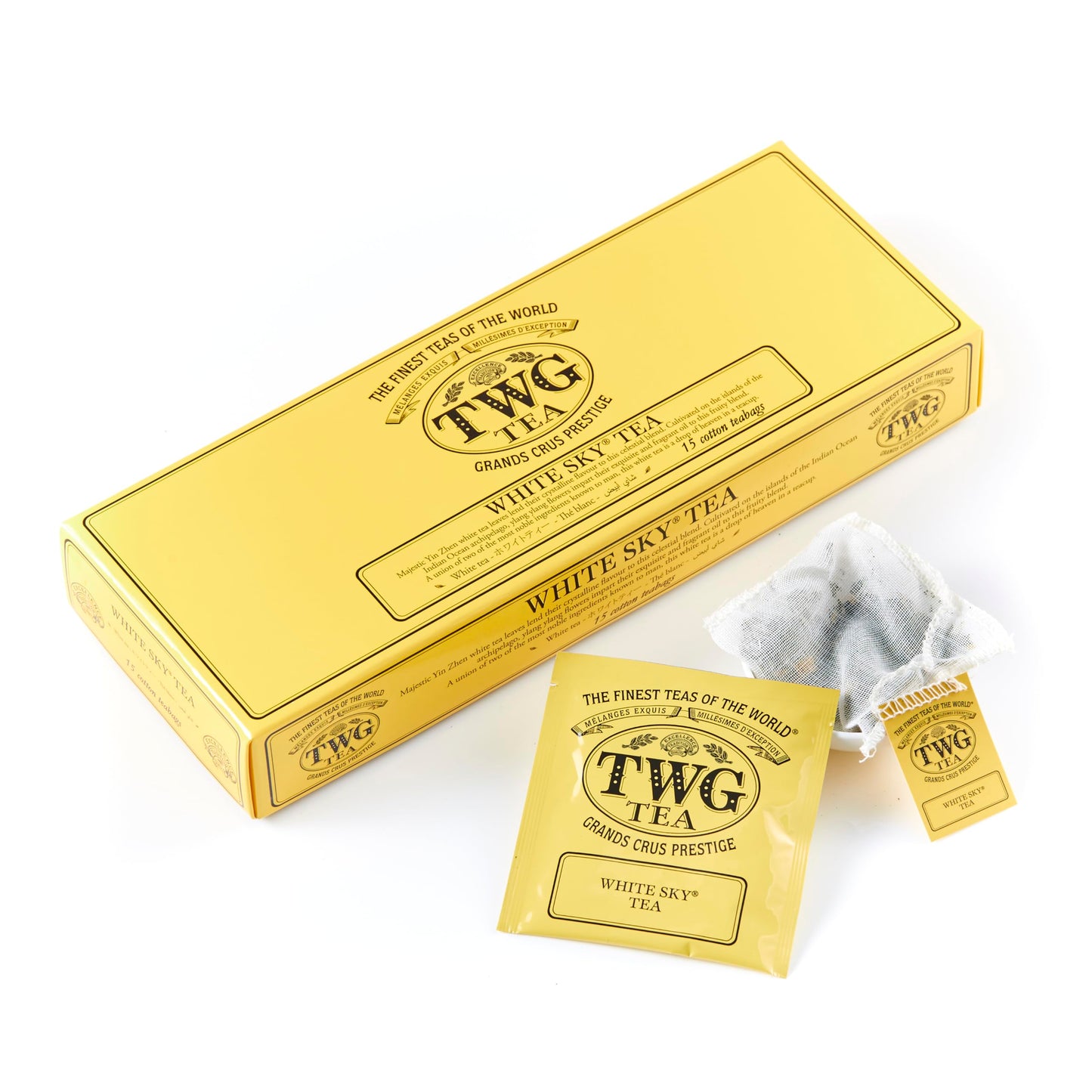Baltā tēja TWG Tea White Sky ar ylang-ylang ziediem, 15 ar rokām šūti kokvilnas tējas maisiņi, dāvanu komplekts