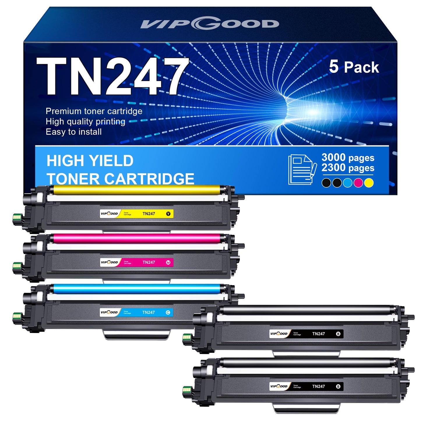 VIPGOOD TN247 TN-243CMYK toner cartridges - compatible with Brother printers, includes black, cyan, yellow, magenta, 5-pack.