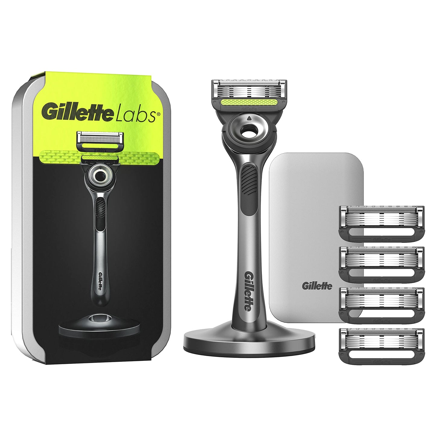 Gillette Labs skuveklis vīriešiem, skuveklis ar tīrīšanas elementu + ceļojumu maciņš uzglabāšanai ceļā + 5 skuvekļu asmeņi, dāvana vīriešiem, premium magnētiskā doks, 1 gabals (1 iepakojums)