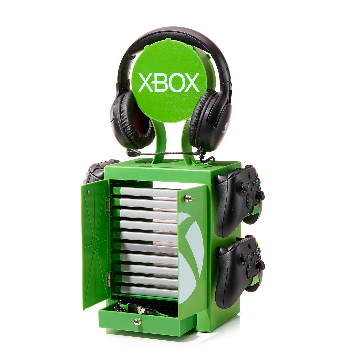 Numskull oficiālais XBOX zaļais spēļu skapis, kontroliera turētājs, austiņu statīvs PS5, Xbox Series X S, Nintendo Switch - oficiāls XBOX merch