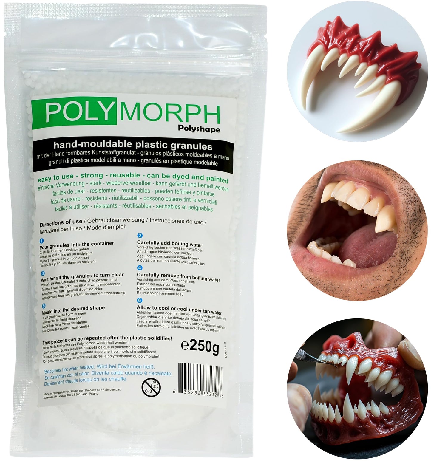 Polyshape Polymorph formējamas plastmasas granulas Halloween, vampīru zobiem, zobu protēzēm, speciālajiem efektiem, vampīru zobiem pieaugušajiem un bērniem - 250g maisiņš