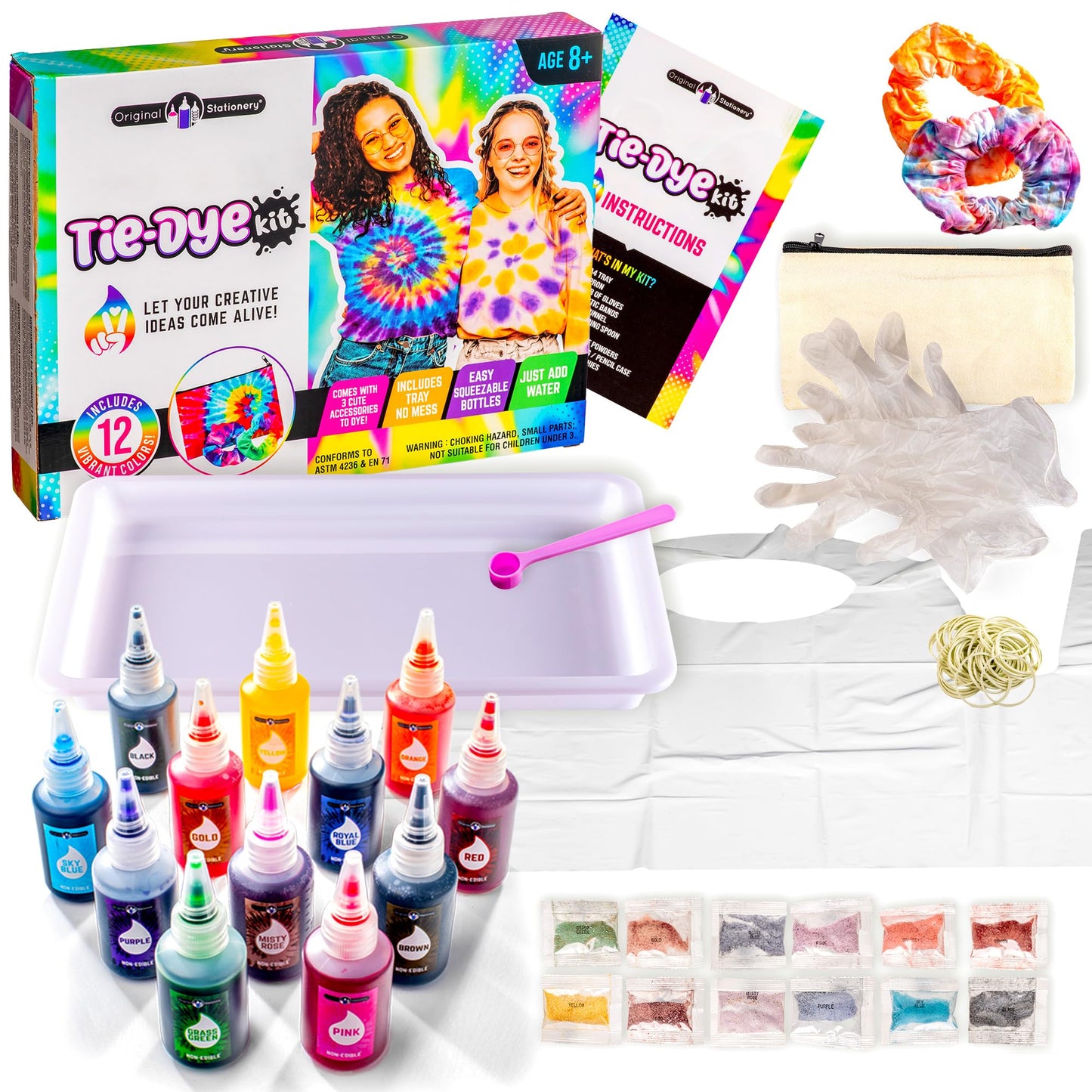 Batikas komplekts Original Stationery Fun Colors Tie Dye Kit, viss vienā krāsošanas komplekts krāsainiem batika darbiem meitenēm 10-12 gadiem, lieliska dāvana rokdarbiem dzimšanas dienā