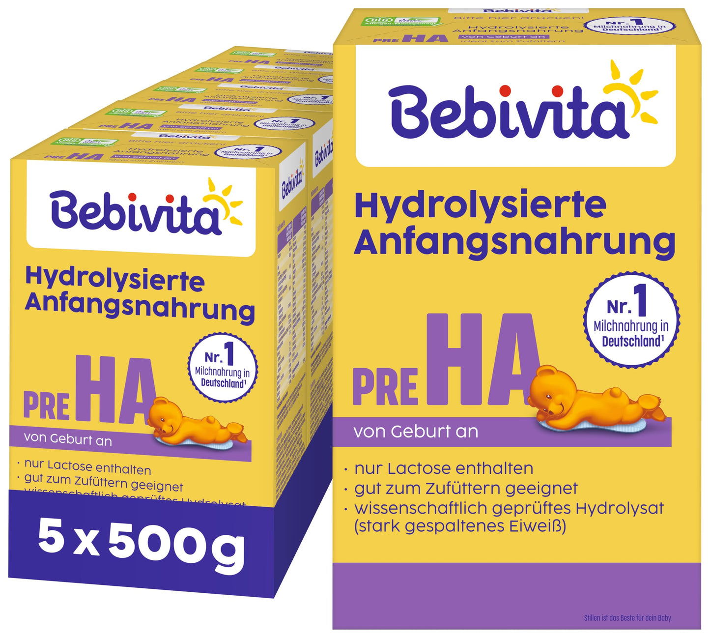Zīdaiņu maisījums Bebivita PRE HA 5 x 500 g, hidrolizēts sākuma maisījums no dzimšanas, tikai laktoze kā ogļhidrāts, piemērots papildbarošanai