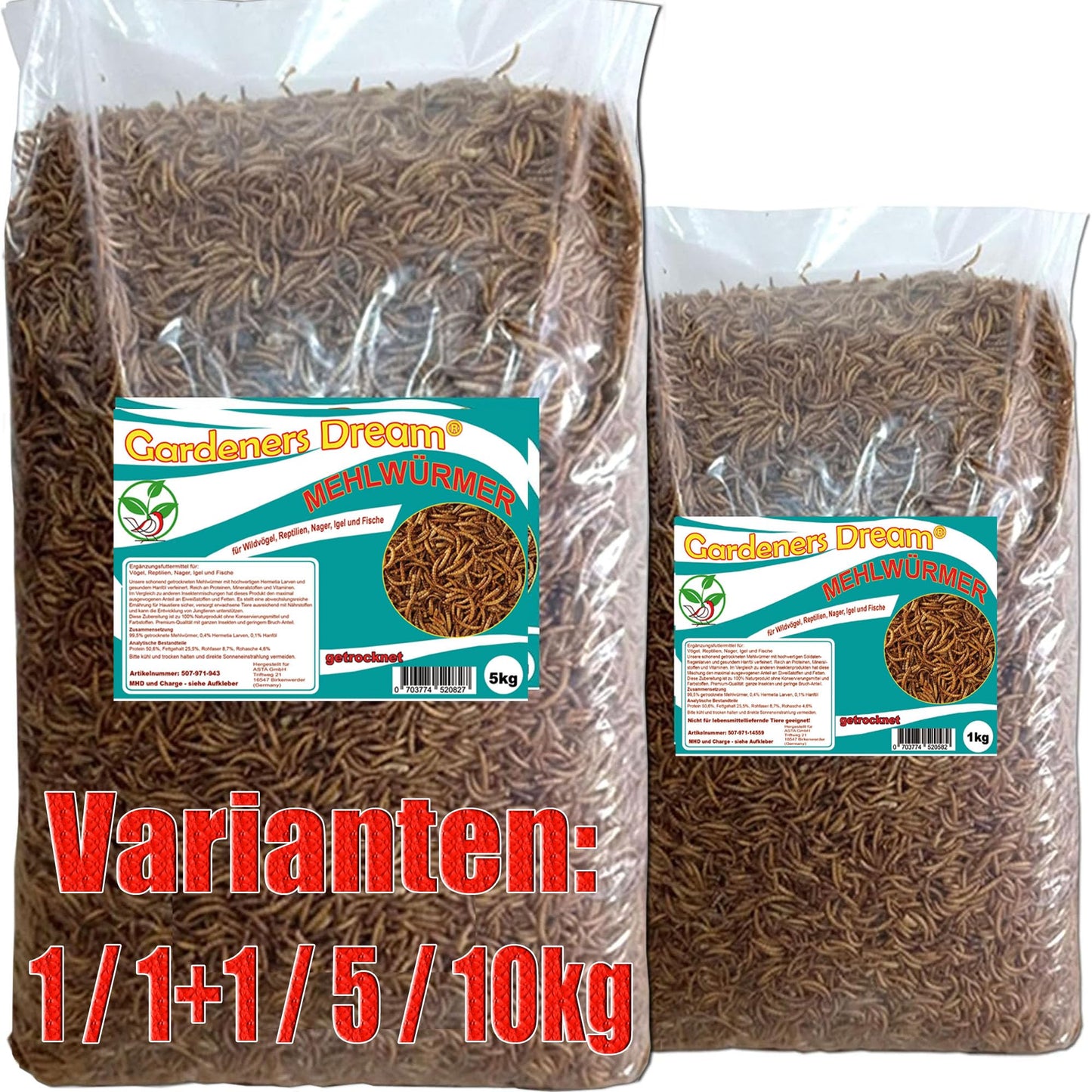 Žāvēti miltu tārpi Gardeners Dream 1 bis 5kg iepakojumā, bagāti ar olbaltumvielām un taukiem, izsijāti un attīrīti, zivīm, grauzējiem, putniem, rāpuļiem, koi un ežiem