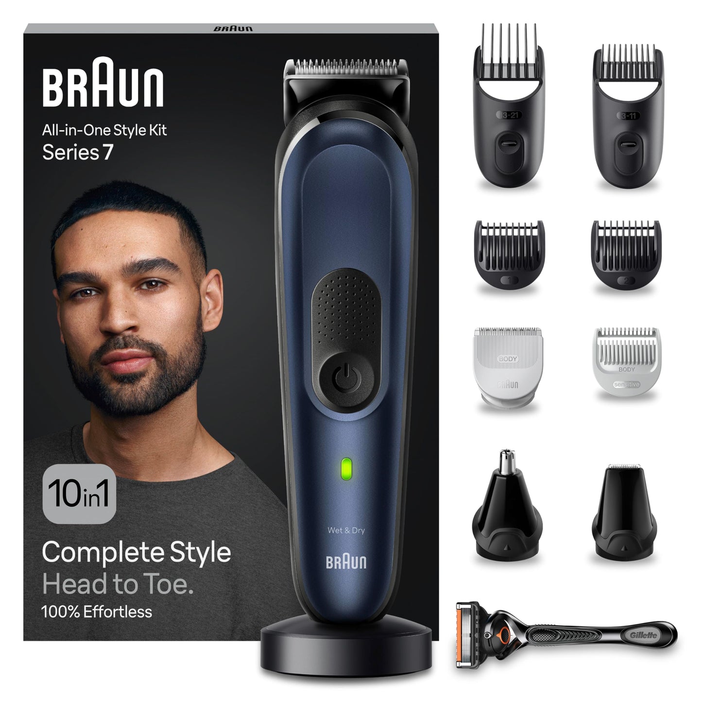 Braun All-In-One trimmeru komplekts 7, 10-in-1 multigroom, bārdas trimmeris, deguna matiņu trimmeris, matu griešanas mašīna sejai, galvai un ķermenim, 100 Min. akumulators, 14 garumi (3–21 mm), ūdensizturīgs, MGK7421, zils