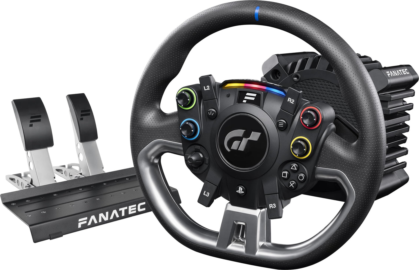 Fanatec oficiāli licencēts Gran Turismo DD Pro PlayStation komplekts, Direct-Drive stūres sistēma, 5 Nm, līdz 8 Nm ar Boost Kit 180, OLED displejs, CSL pedāļi, galda skava