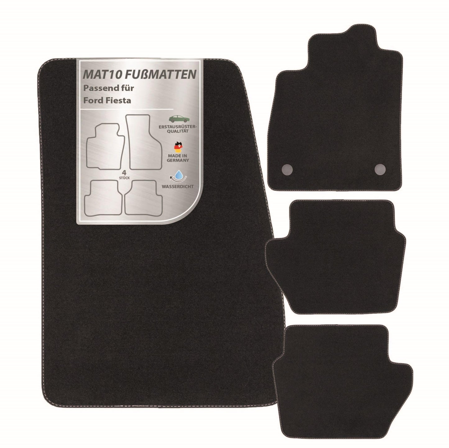 MAT10 – Auto-paklāji piemēroti Ford Fiesta (BJ 07/2017-06/2023, 5 durvju) no velūra | 4 gabalu automašīnu paklāju komplekts | izturīga oriģinālo aprīkojumu kvalitāte, Ražots Vācijā, melns