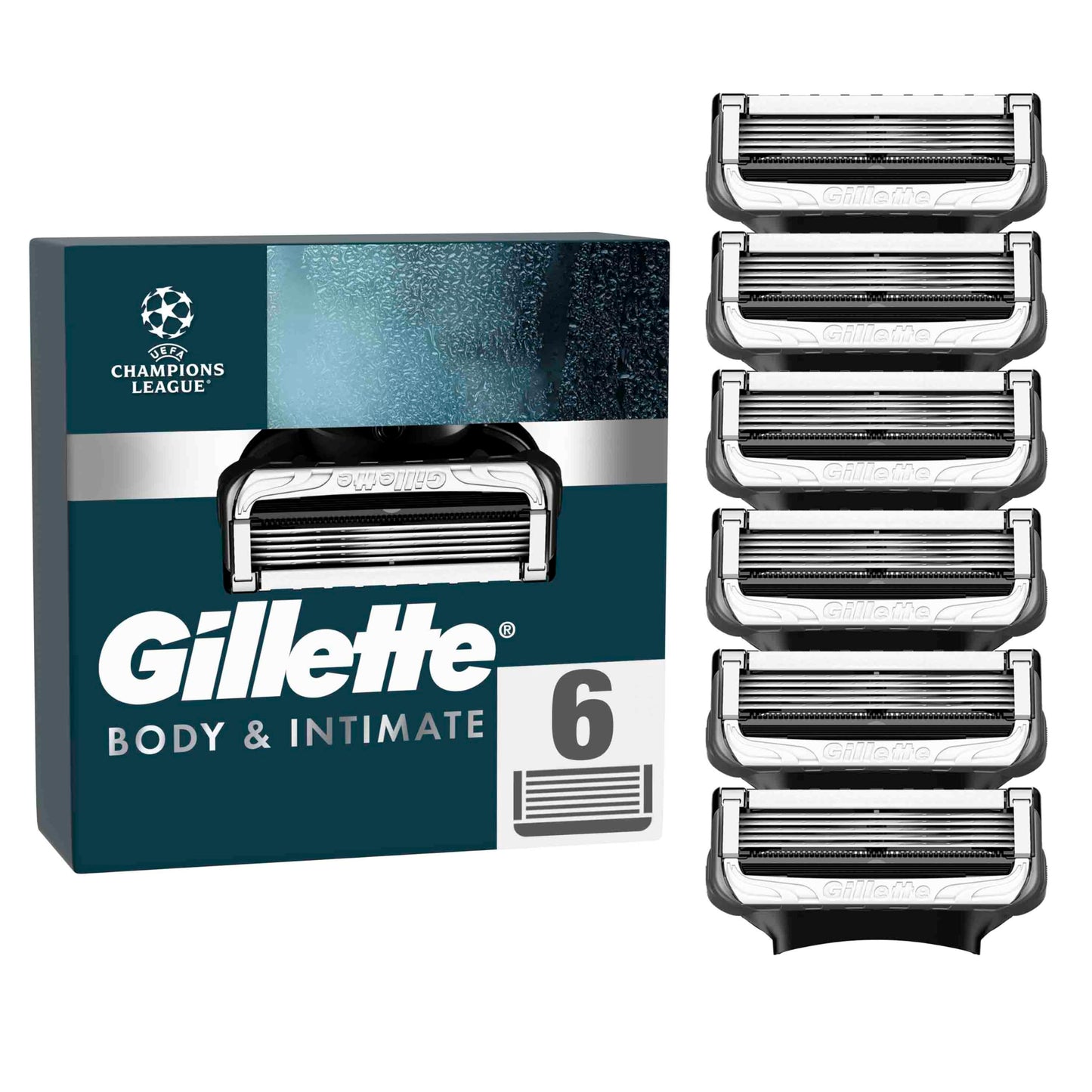 Gillette Intimate skuvekļu asmeņi intīmajai zonai, 6 intīmo skuvekļu rezerves asmeņi mitrai skuvei, ar slīdēšanas sloksnēm maigas lietošanas nodrošināšanai, dermatoloģiski testēti asmeņi skuvekļiem