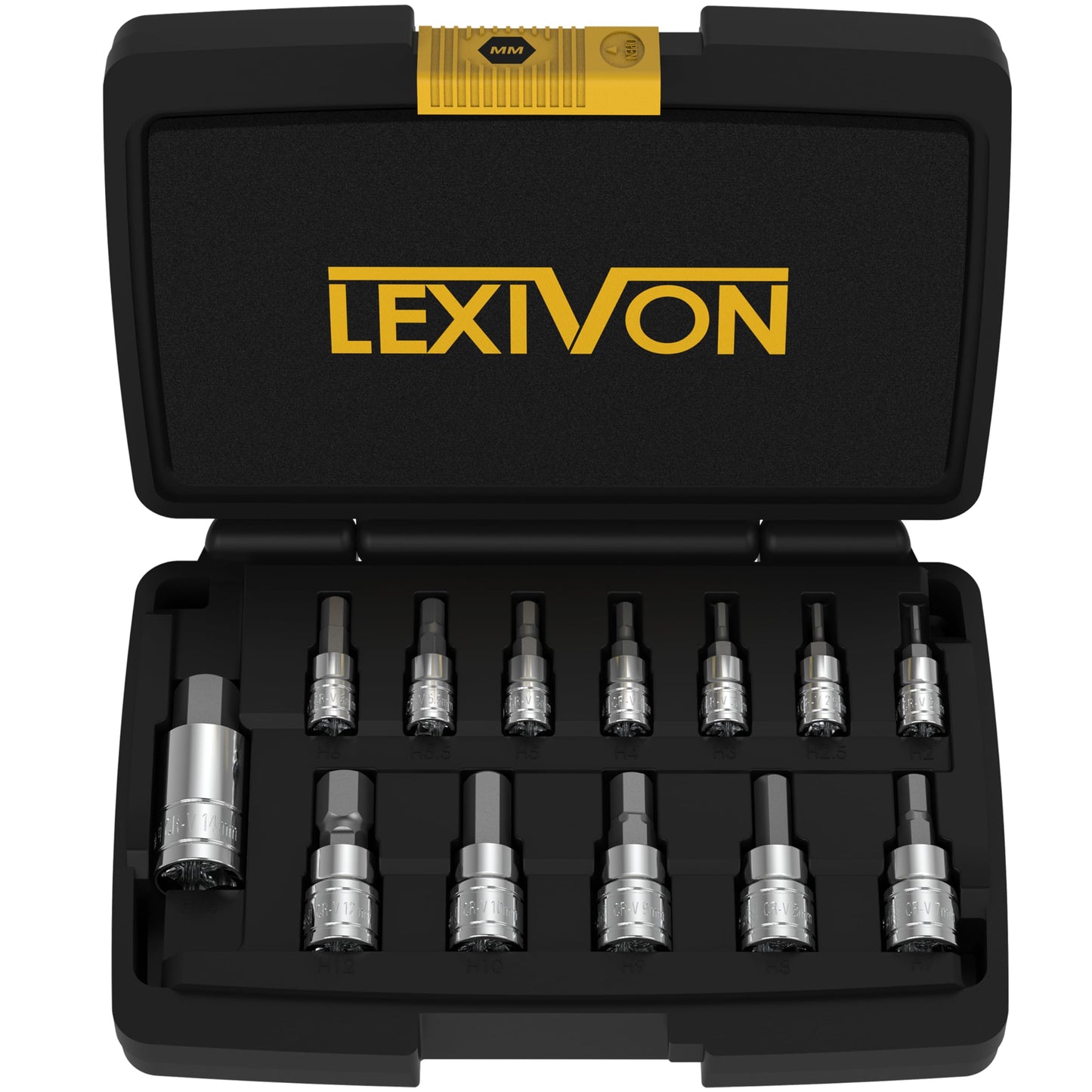 LEXIVON sešstūra uzgaļu komplekts, metriskie izmēri 2mm 2.5mm 3mm 4mm 5mm 5.5mm 6mm 7mm 8mm 9mm 10mm 12mm 14mm, S2 Alloy Steel griezes momenta atslēgai, urbjmašīnai (LX-141)