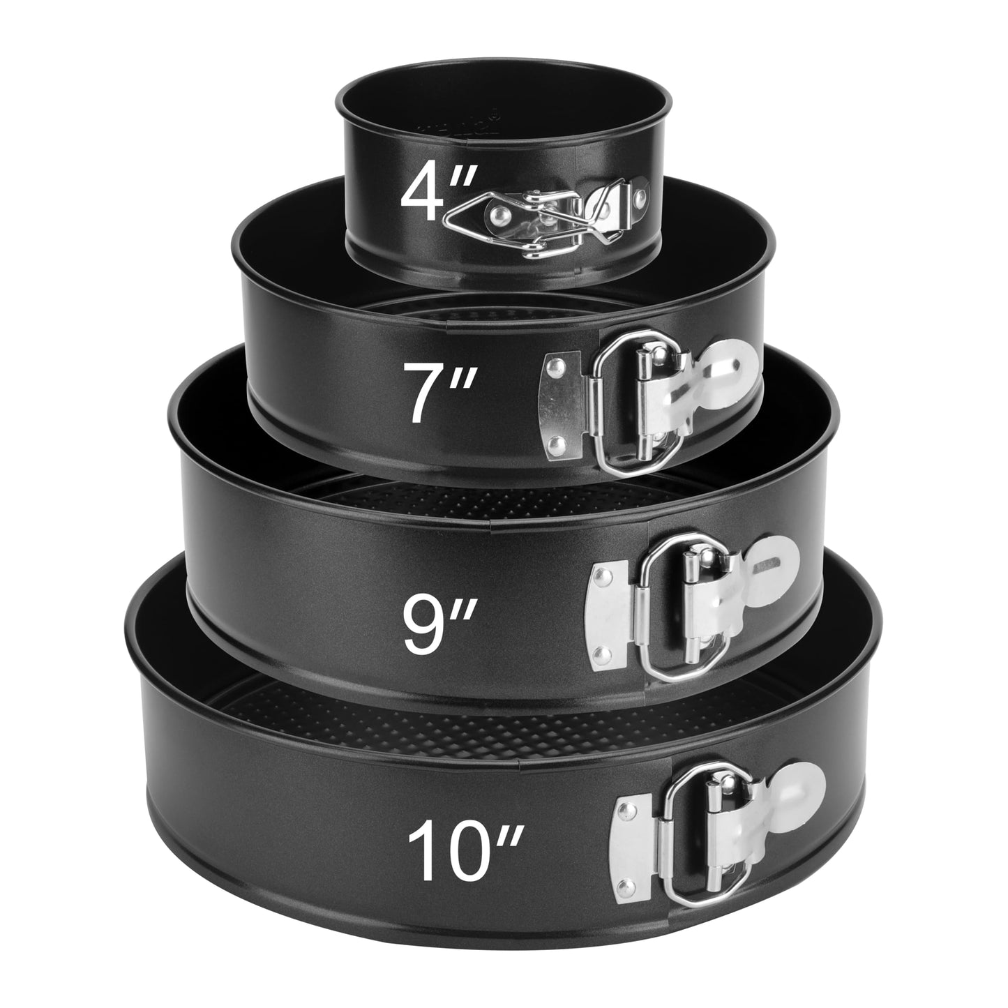 Springform forma isheTao, 4 gab. komplekts, Ø11/18/23/26cm, apaļa kūku forma, noņemams dibens, nepiedegoša, regulējama, karbontērauds